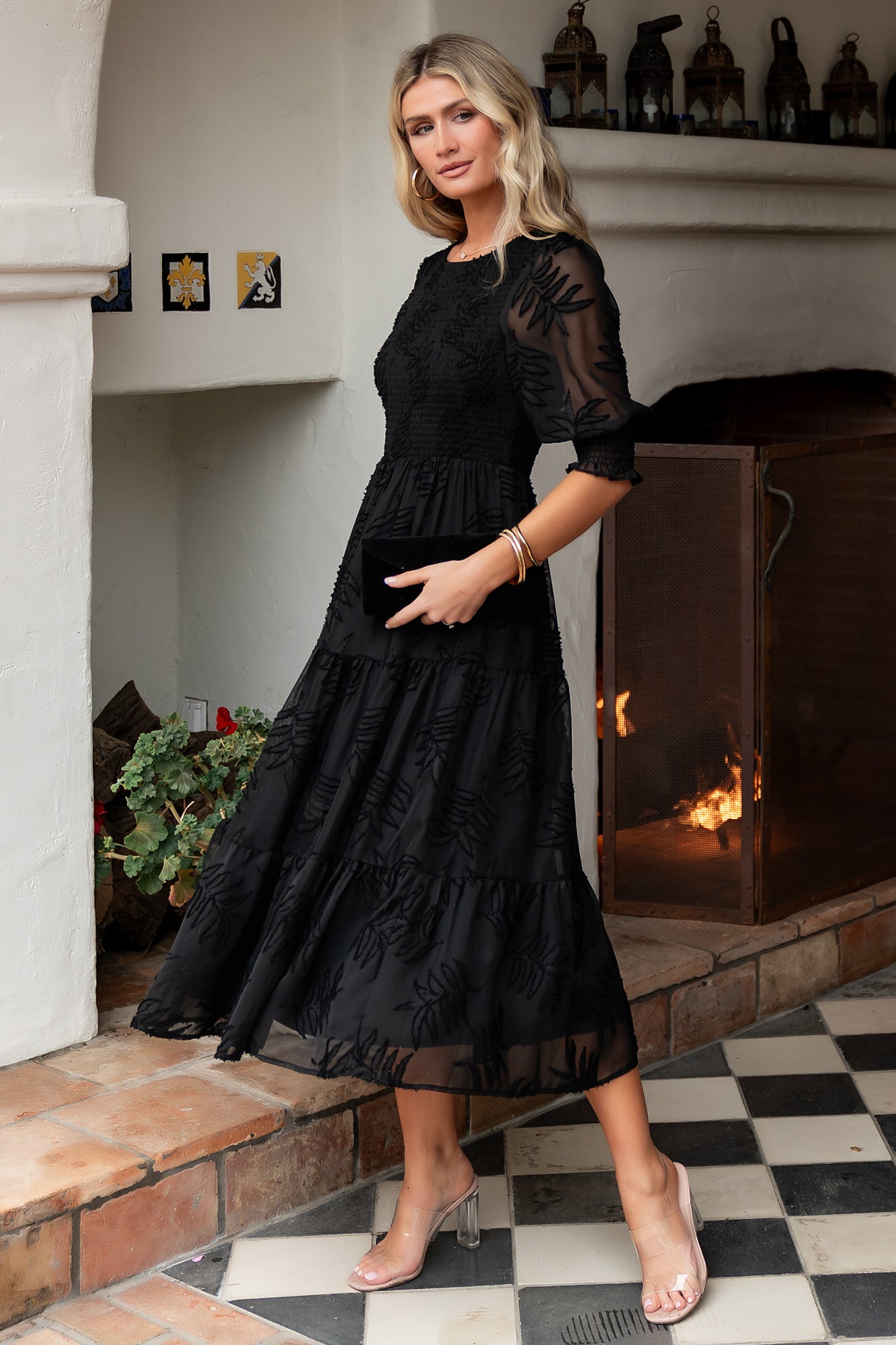 Baltic Born Womens Nellie Smocked Midi Dress | Black