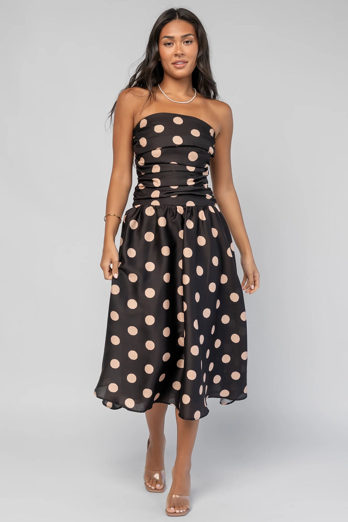 Lucienne Strapless Midi Dress | Black + Beige Dot