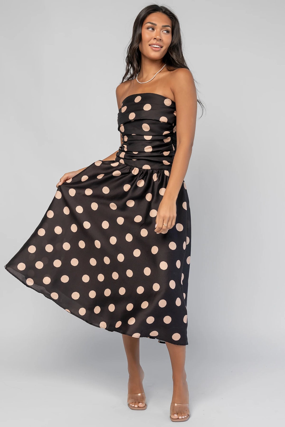 Lucienne Strapless Midi Dress | Black + Beige Dot
