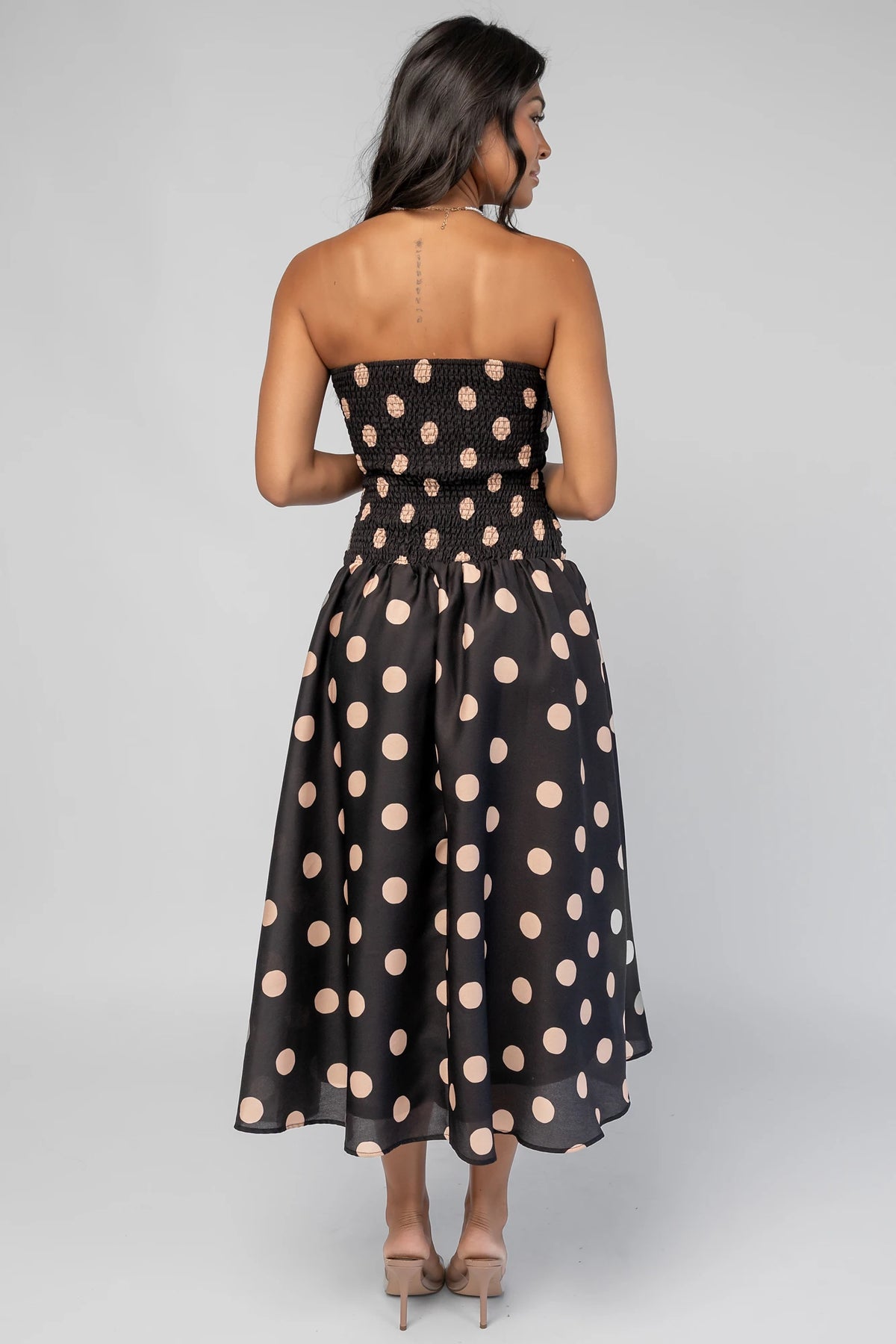 Lucienne Strapless Midi Dress | Black + Beige Dot