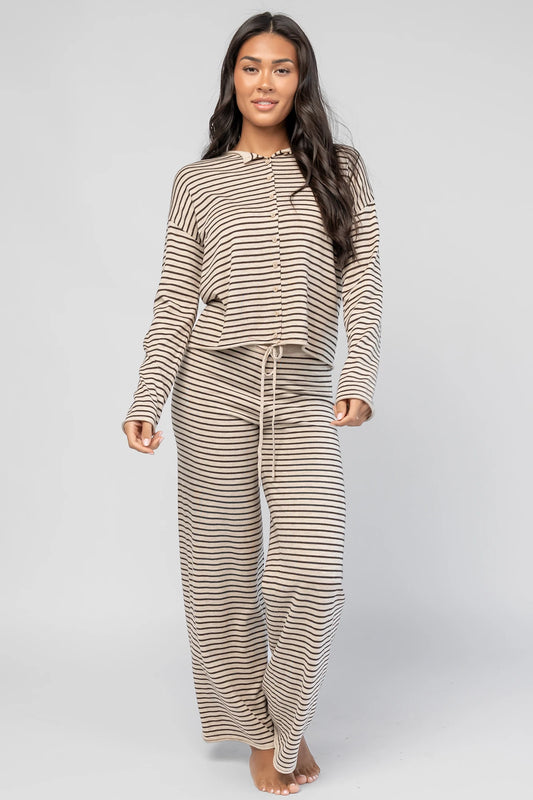 Charlene Cozy Stripe Lounge Set | Oatmeal + Brown