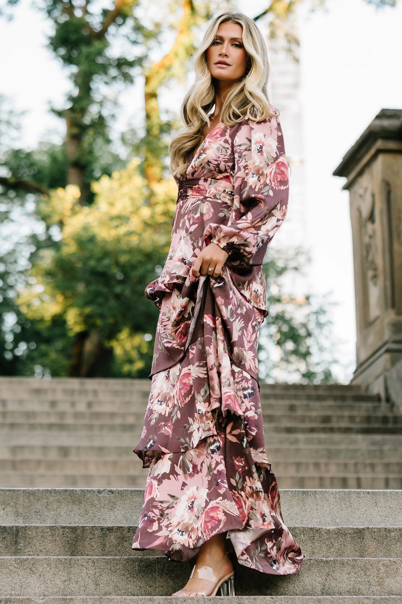 Montrouge Tiered Satin Dress | Clove + Mauve Floral