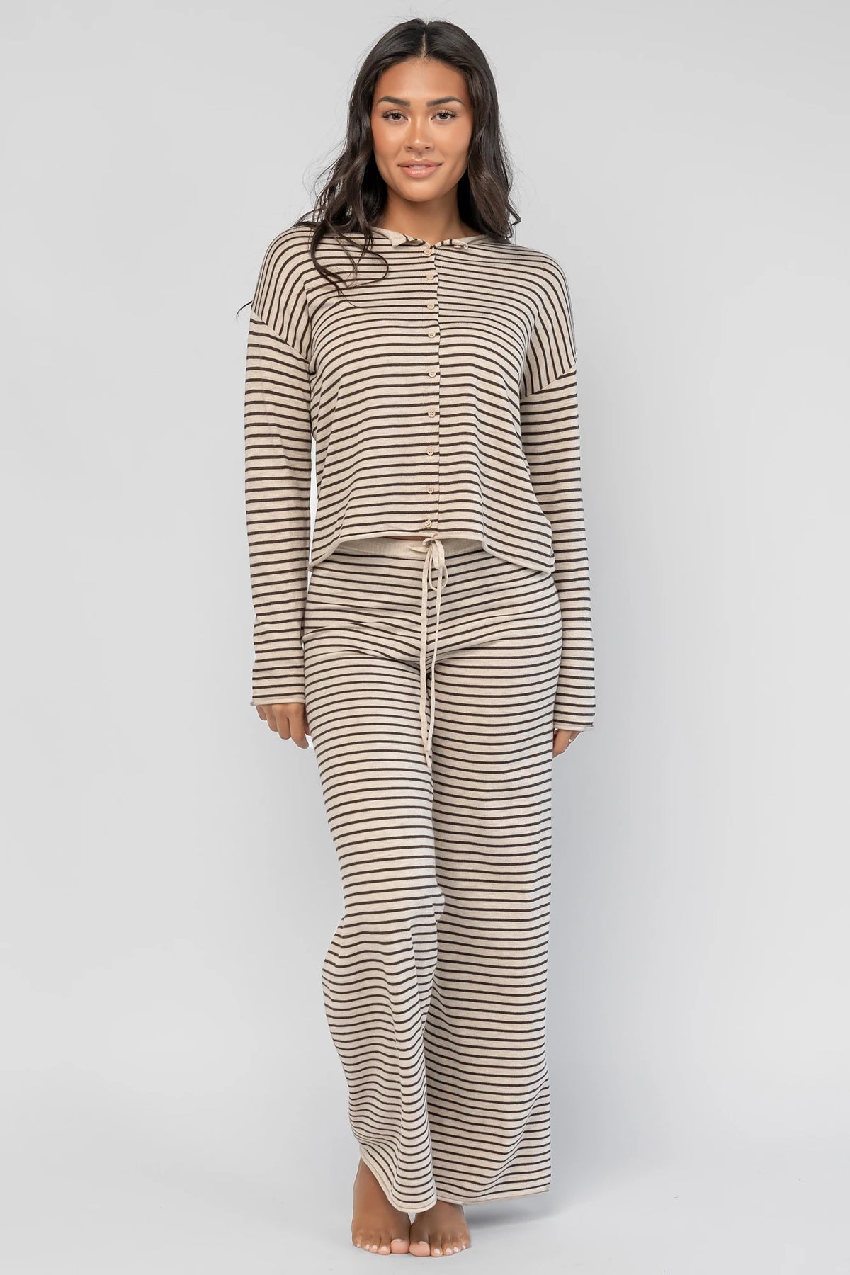 Charlene Cozy Stripe Lounge Set | Oatmeal + Brown