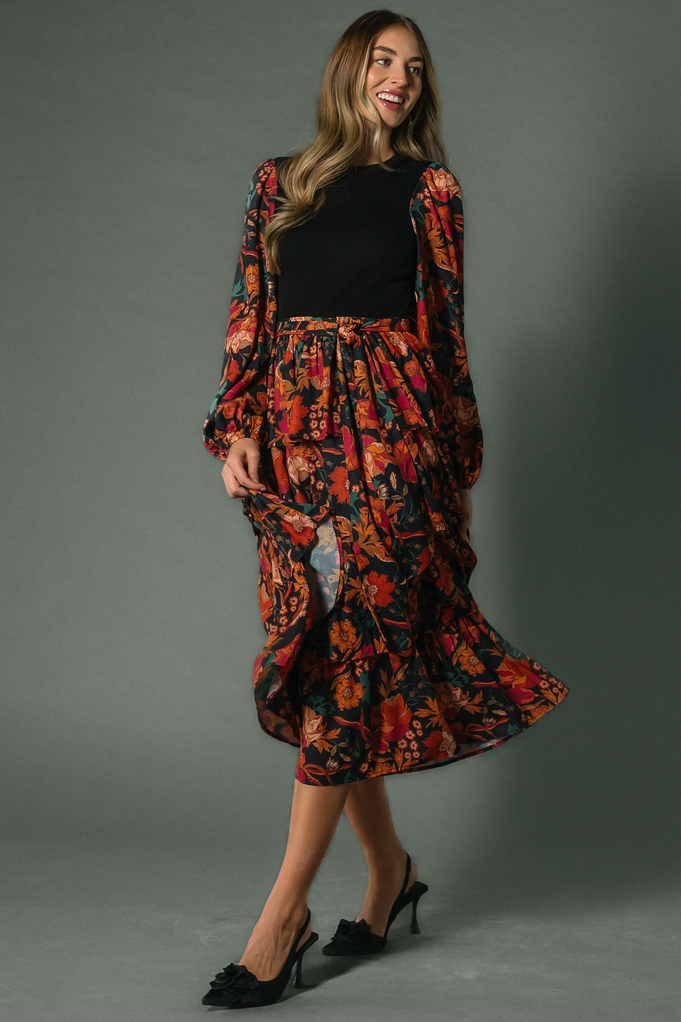 Baltic Born Womens Sylvie Tiered Midi Dress | Black Multi | Size: Small Baltic Born Womens Sylvie Tiered Midi Dress | Black Multi | Size: Small
