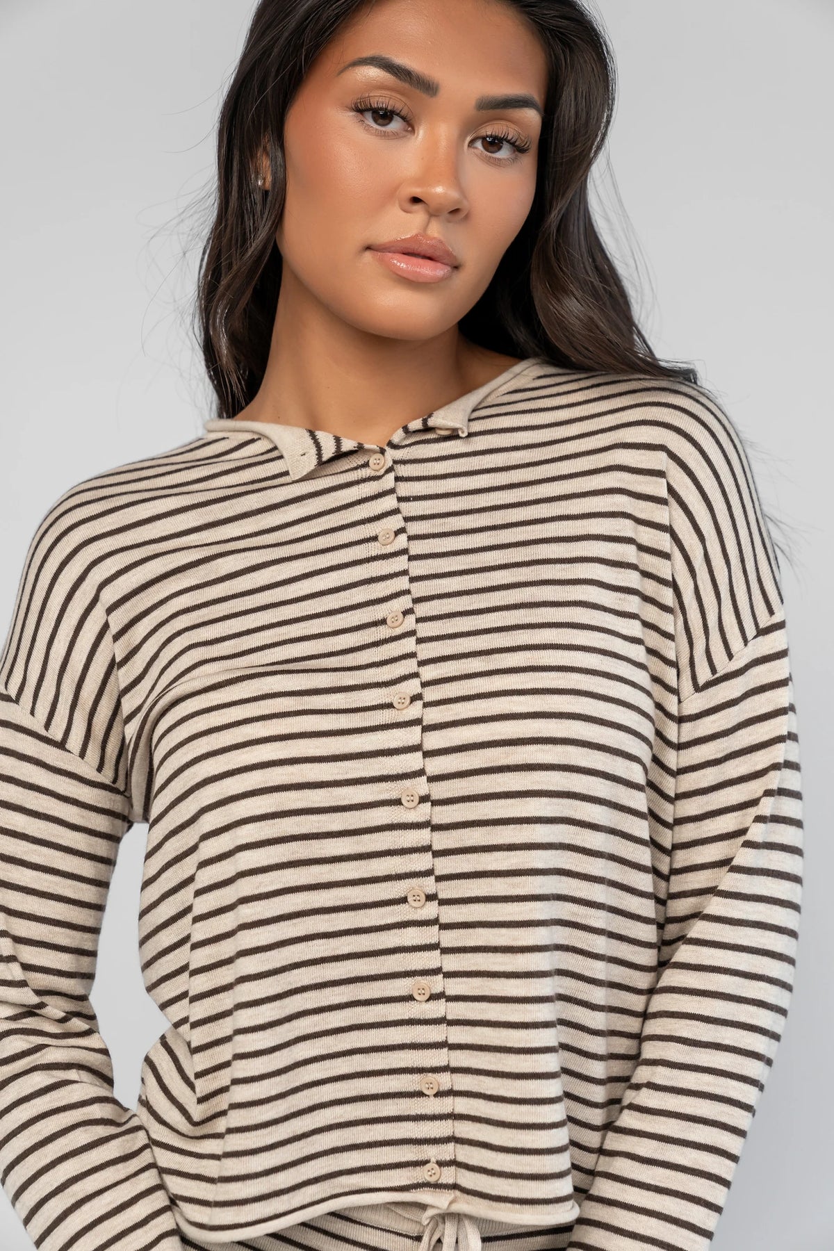 Charlene Cozy Stripe Lounge Set | Oatmeal + Brown