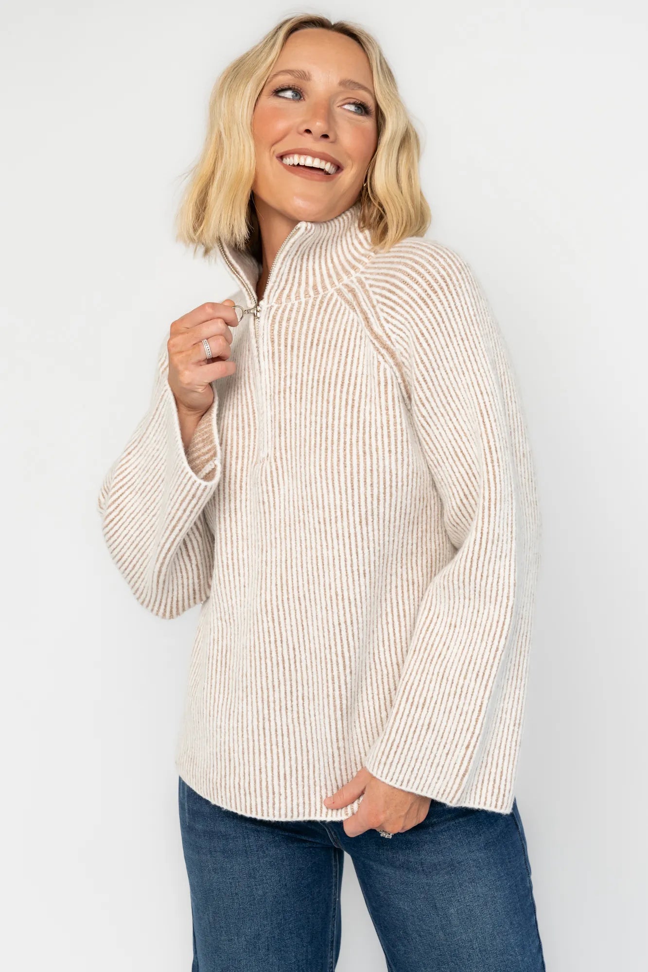 Arlington Half Zip Sweater | Beige Stripe