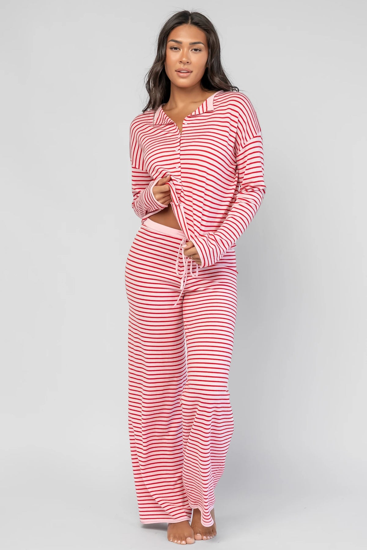 Charlene Cozy Stripe Lounge Set | Pink + Red