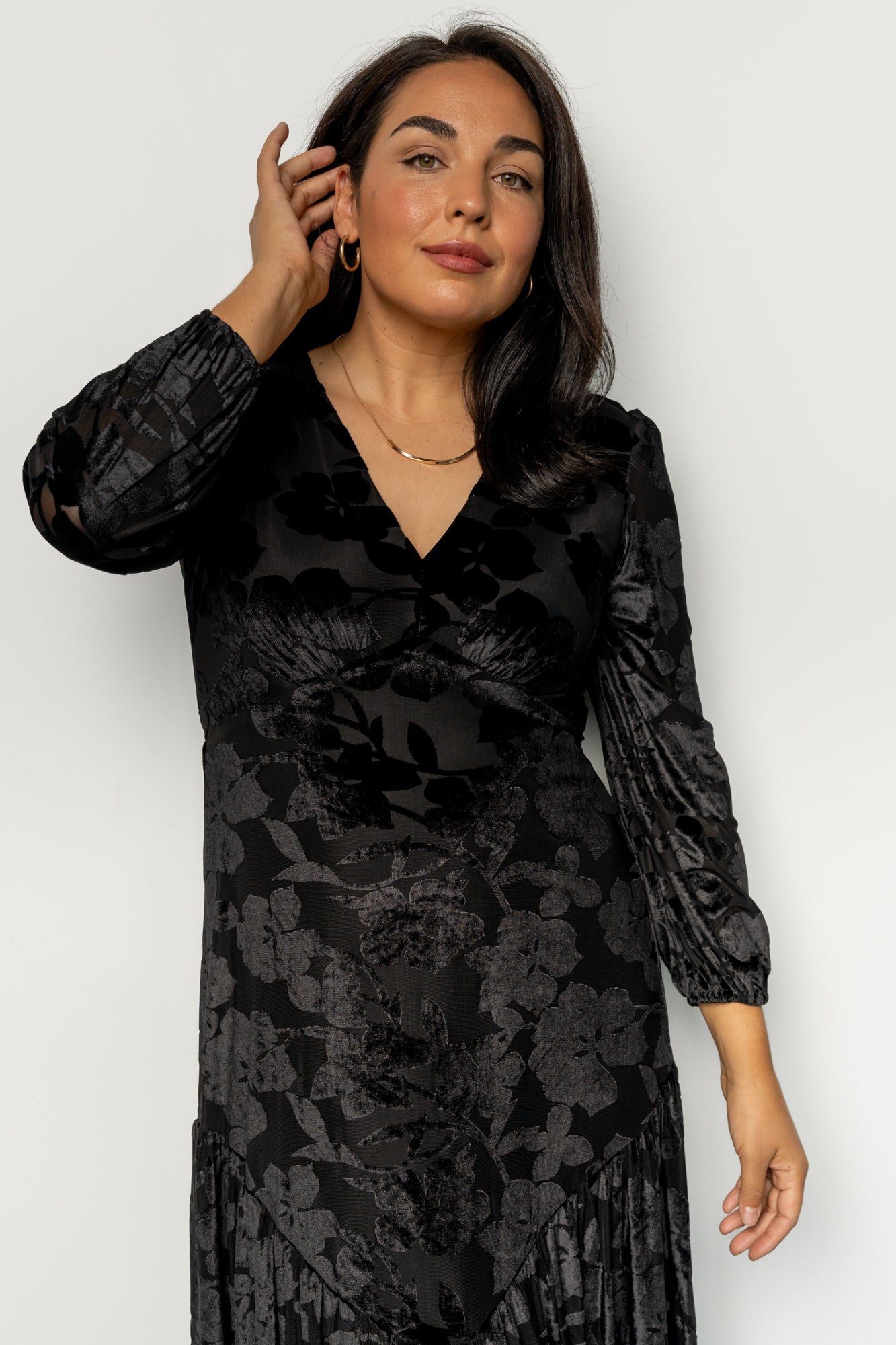 Fabric swatch and lining close-up showing self fabric composition and fully lined bodice and skirt for coverage and smooth drape.