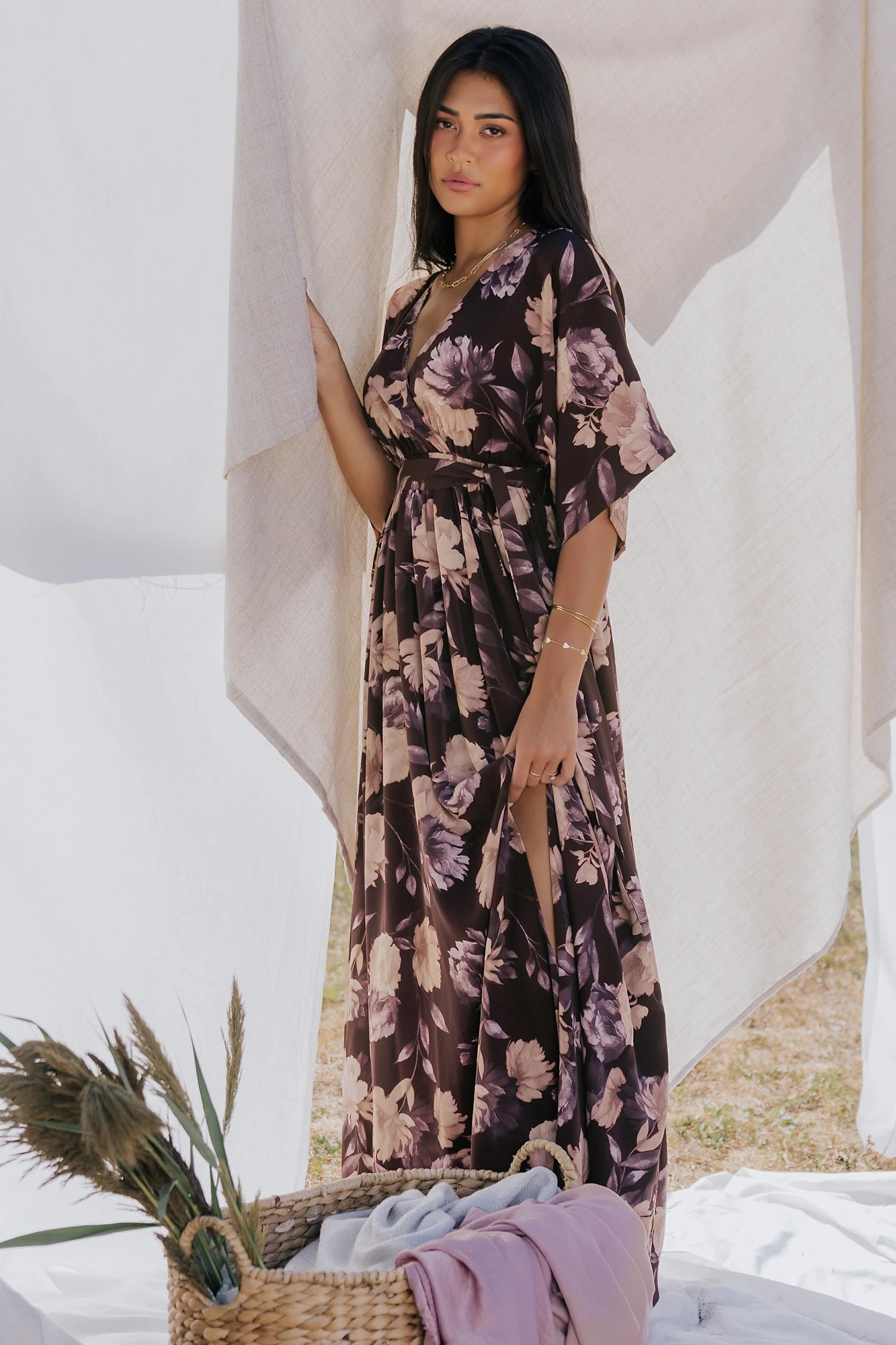 Hamilton Kimono Maxi Dress in Deep Plum Floral with surplice neckline, kimono sleeves, sash waist, and leg slit.