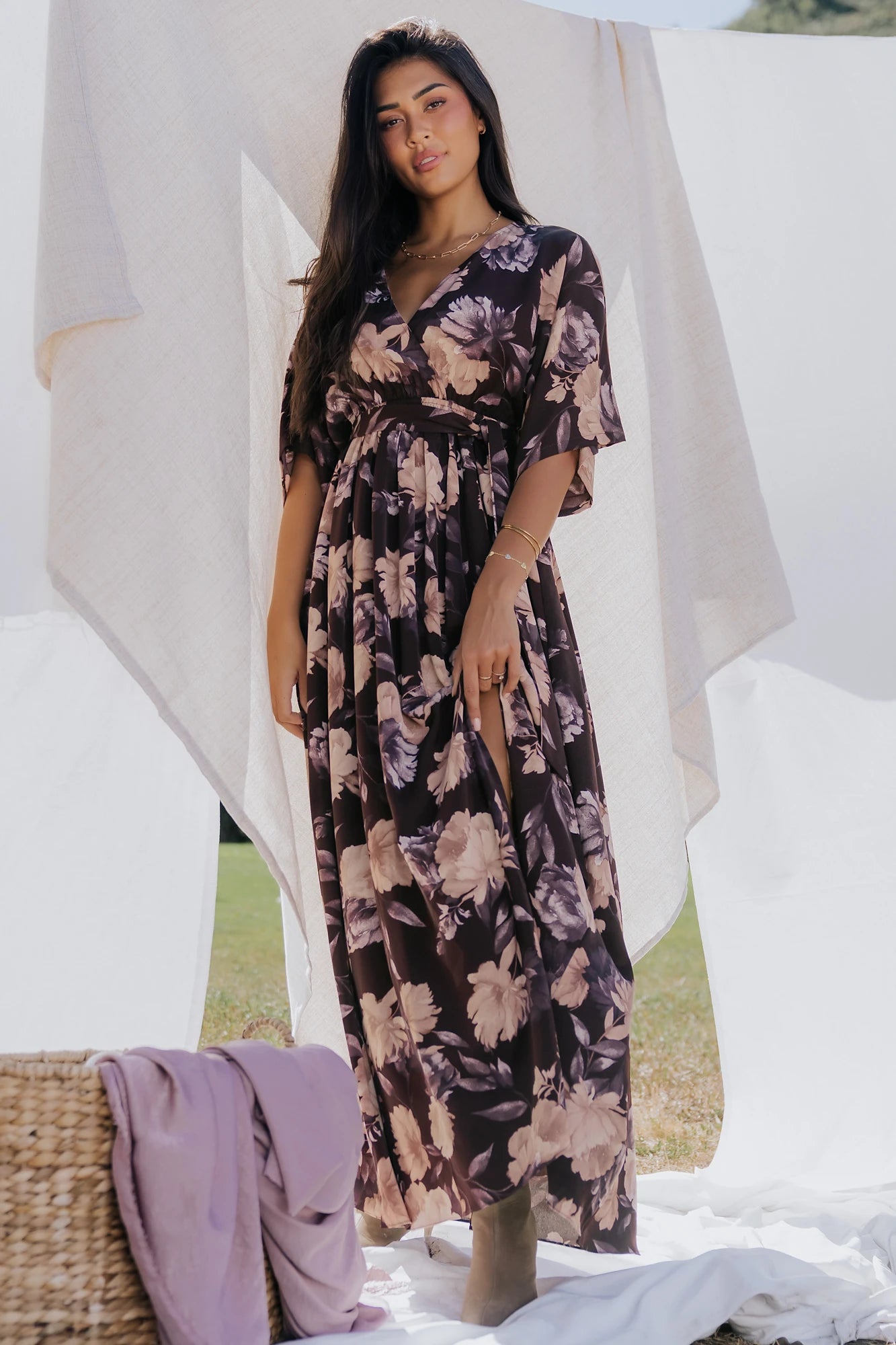 Hamilton Kimono Maxi Dress in Deep Plum Floral with surplice neckline, kimono sleeves, sash waist, and leg slit.