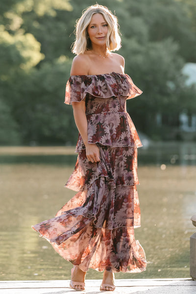 Baltic Born Womens Carina Off Shoulder Maxi Dress | Vintage Berry Floral