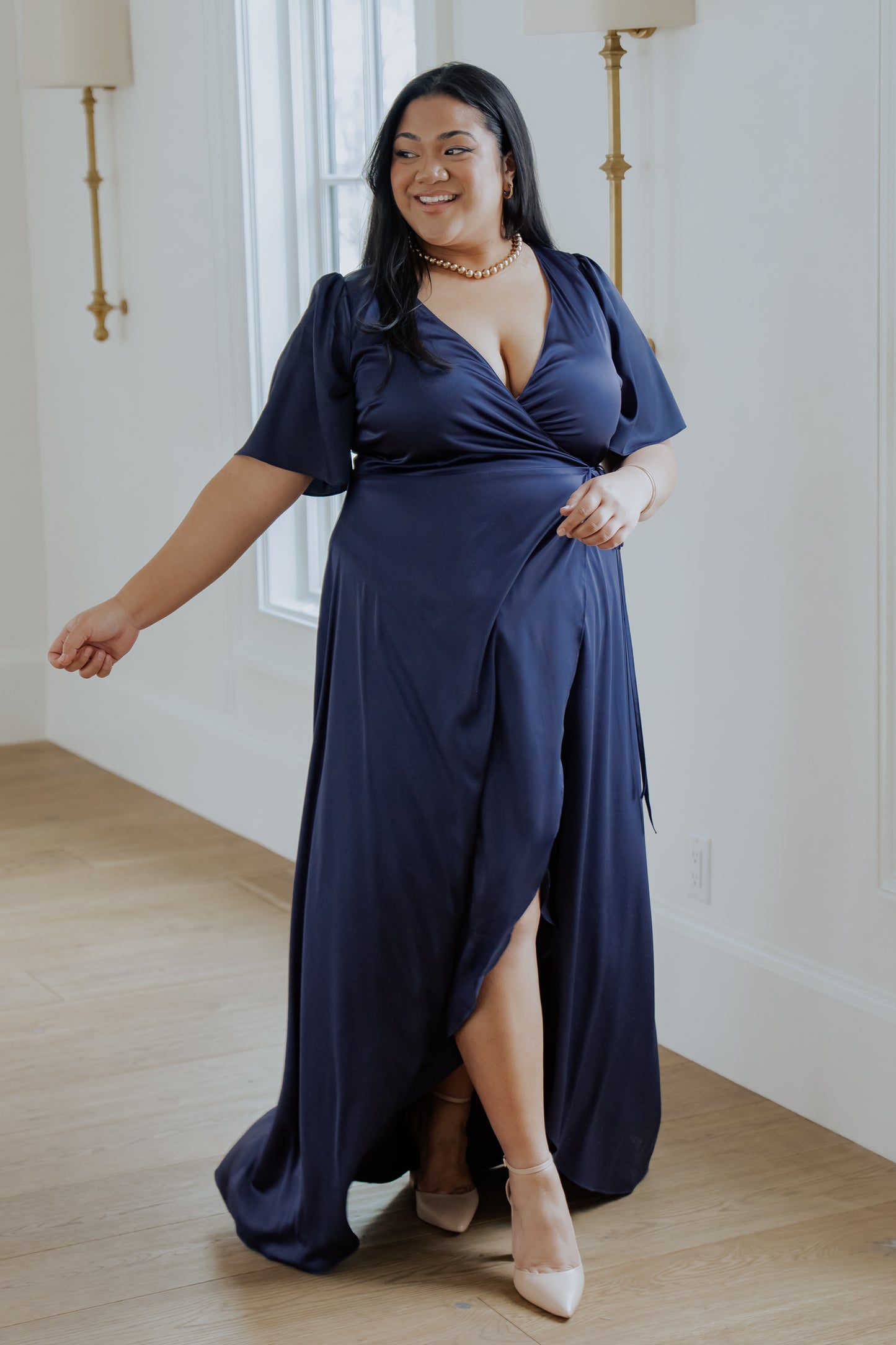 Vara Satin Maxi Wrap Dress Navy - Main Image