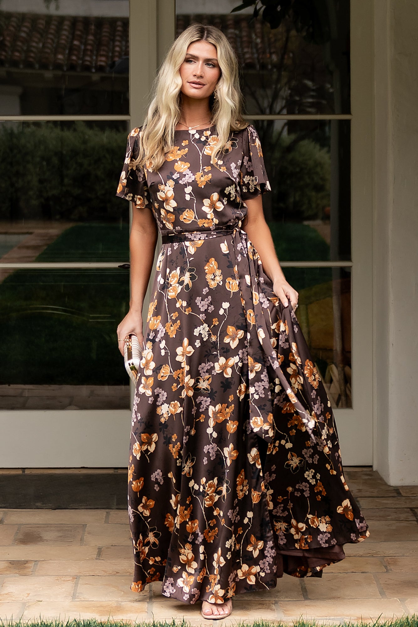 Baltic Born Womens Agnes Satin Maxi Dress | Brown Floral