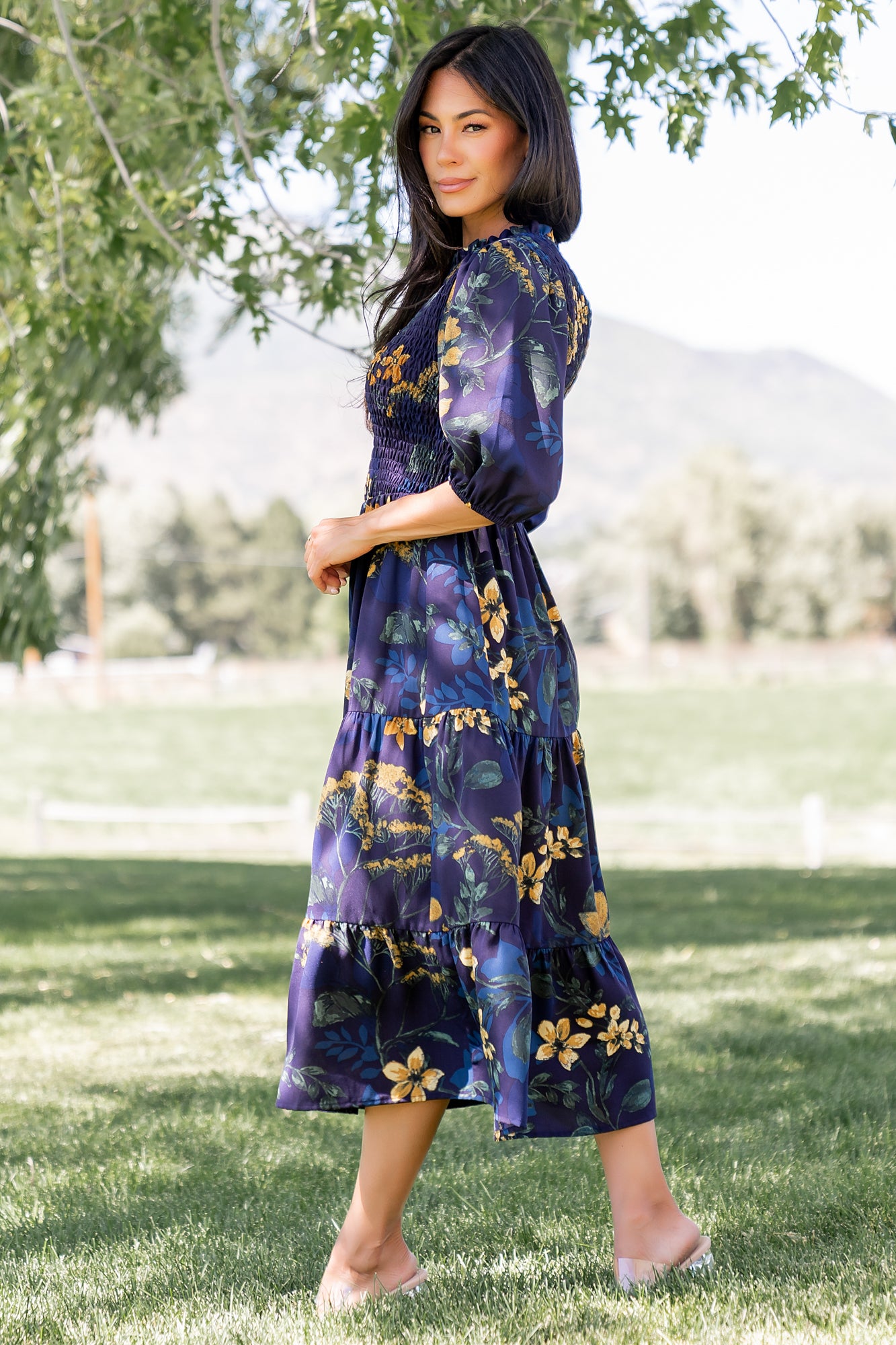 Baltic Born Womens Lena Tiered Midi Dress | Navy + Gold Floral