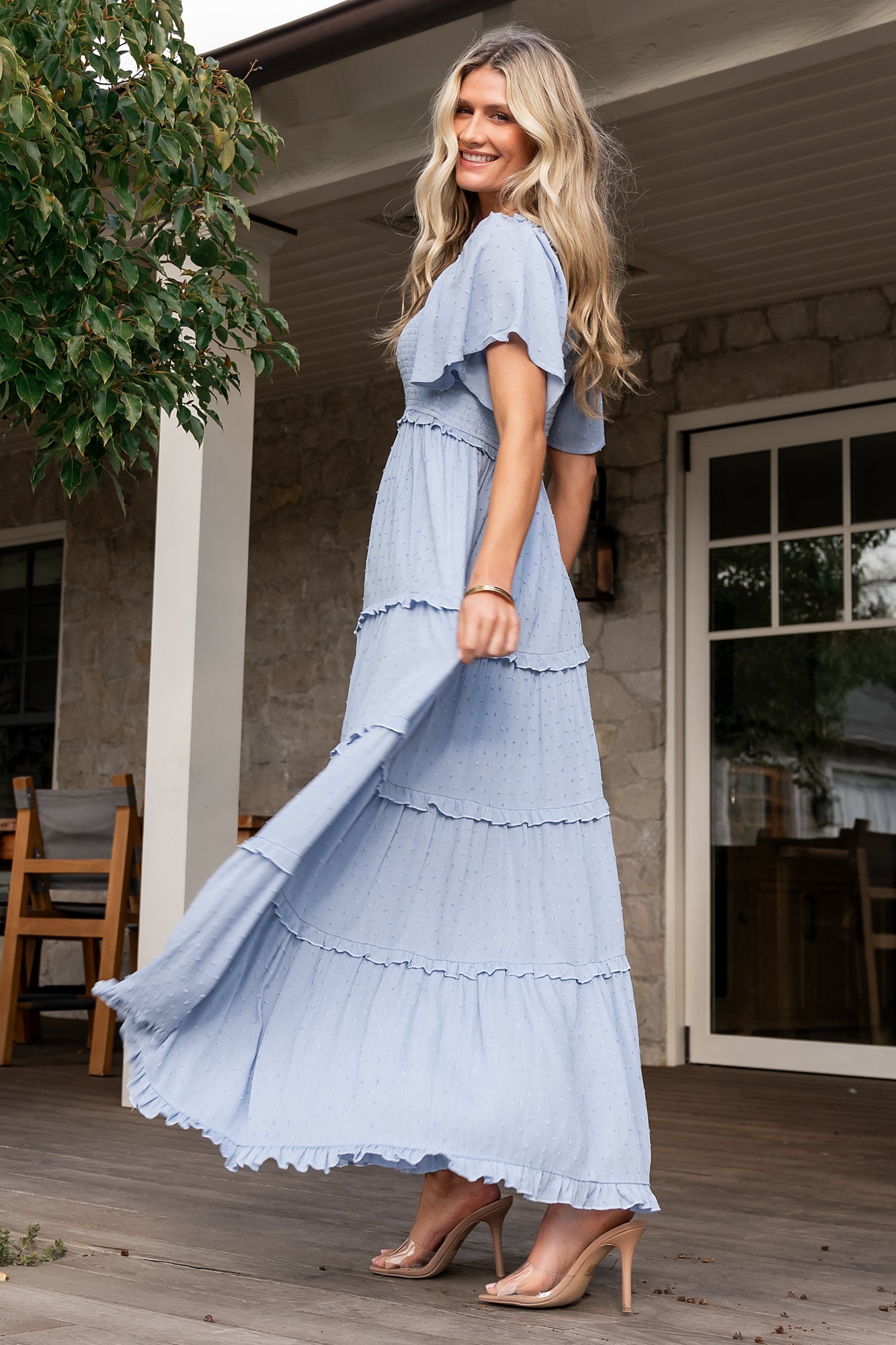 Baltic Born Womens Lenora Smocked Dotted Maxi Dress | Dusty Blue
