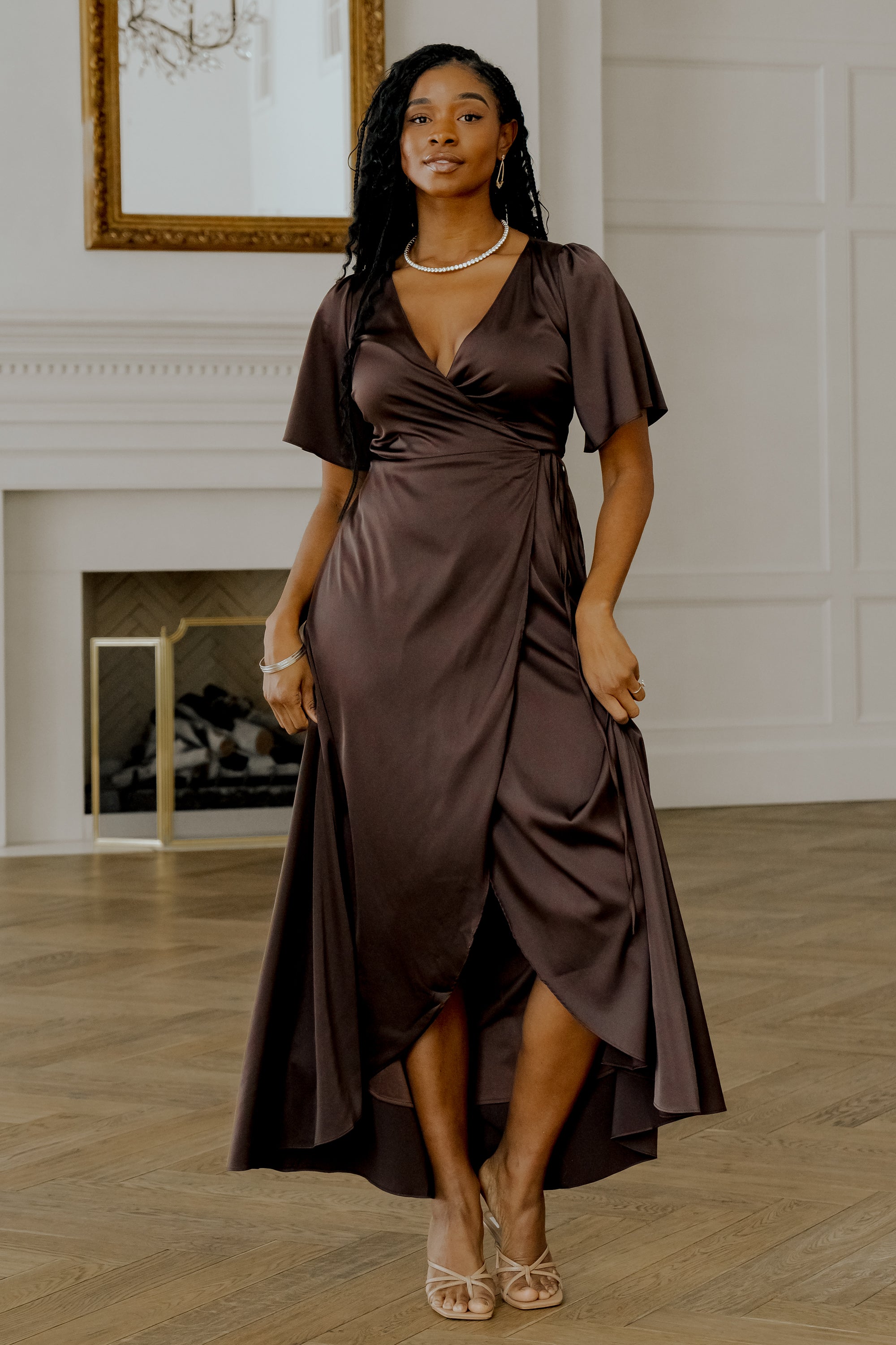 Vara Satin Maxi Wrap Dress Espresso - Main Image