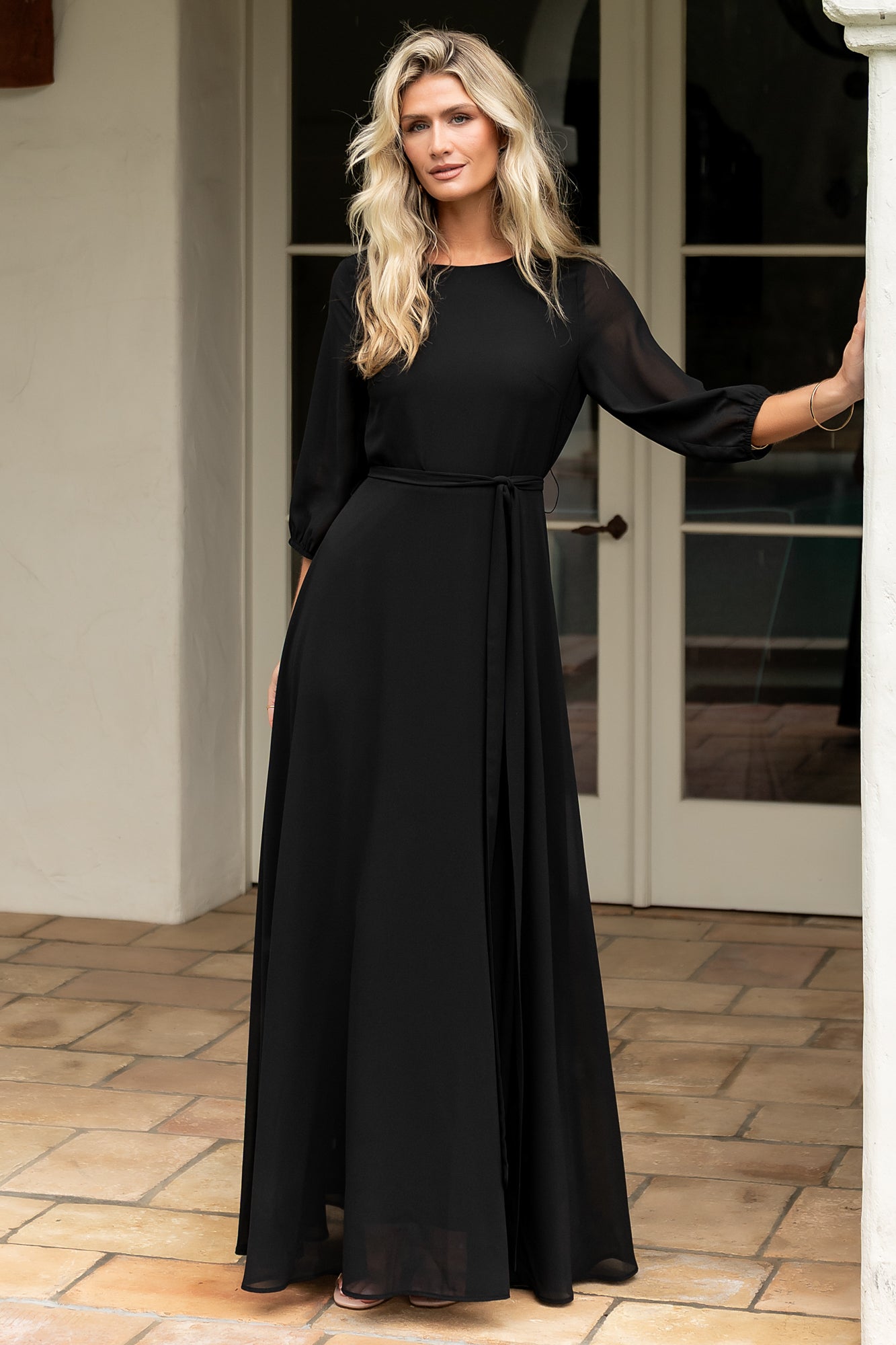 Rebecca Maxi Dress - Elbow Sleeve in Black