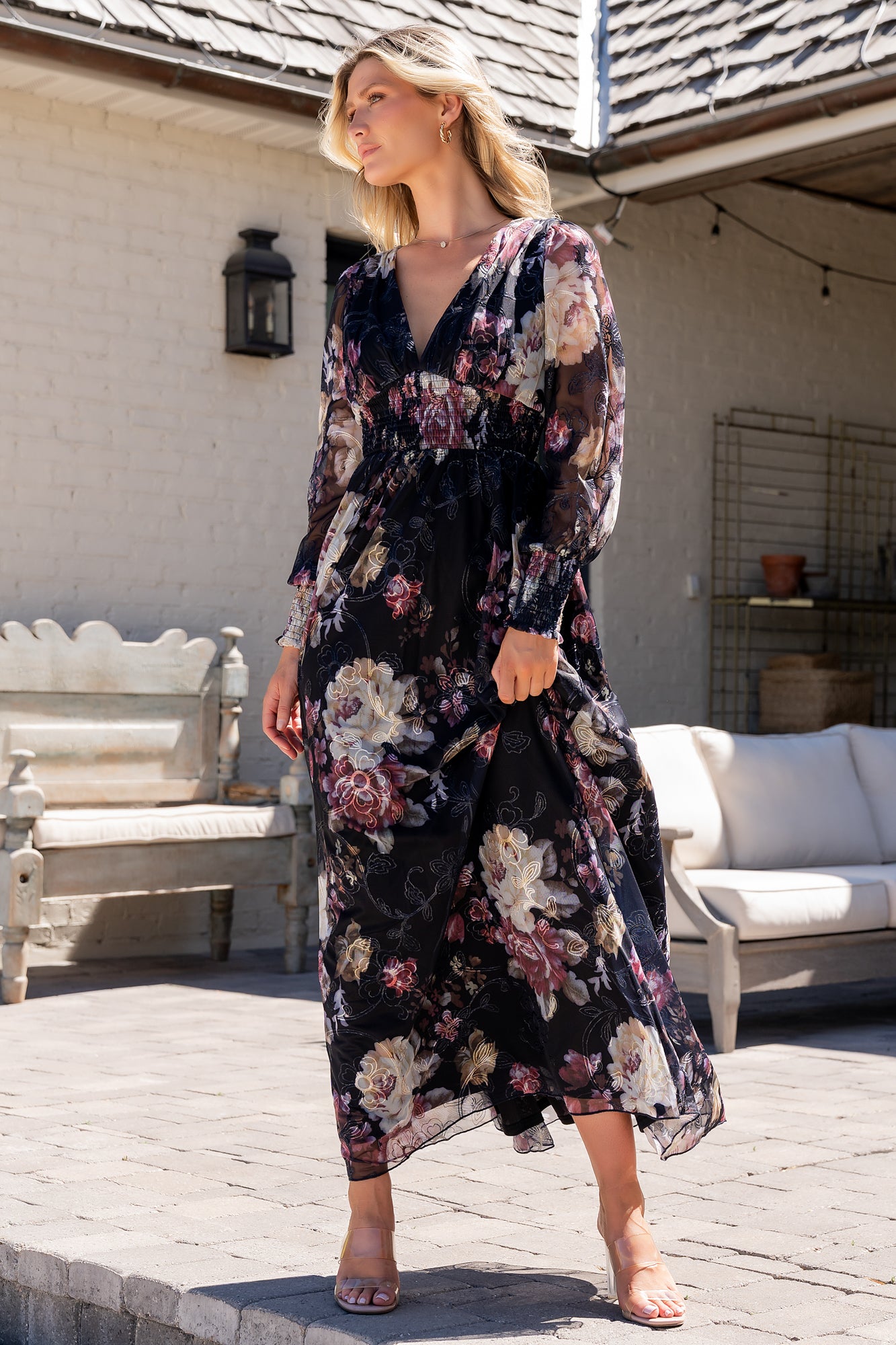 floral embroidered tulle dress Tea Length Flower Top Ruched Tulle Gown DUNTERY