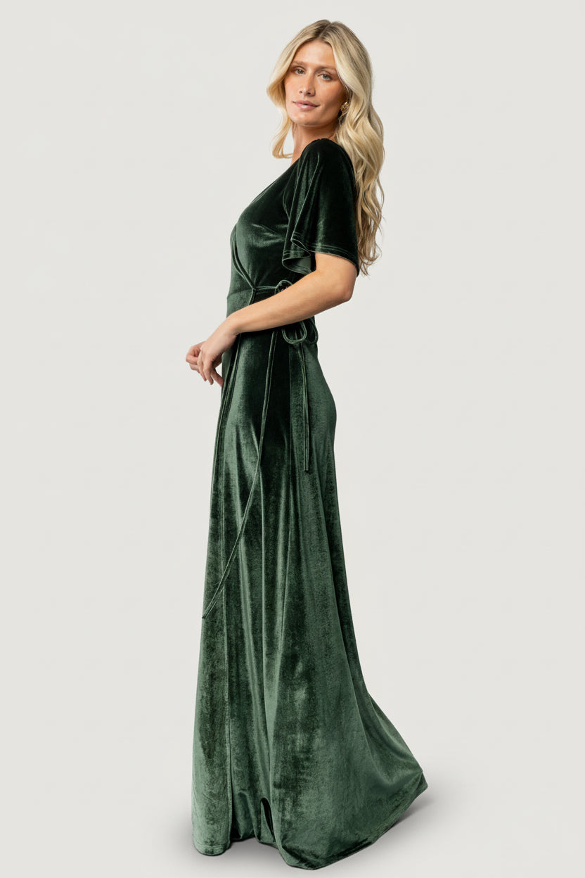 Meghan Velvet Wrap Maxi Dress | Deep Green