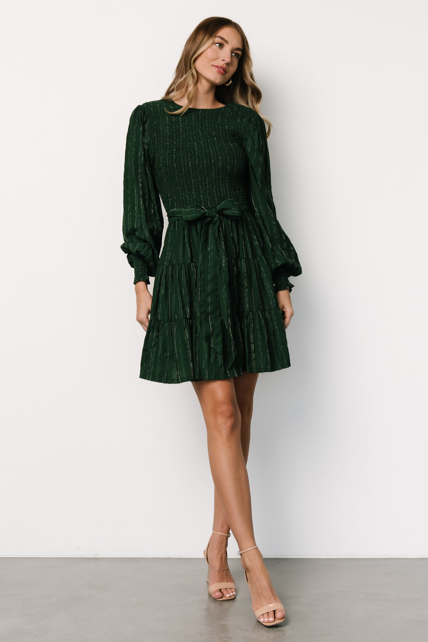 Ivey Smocked Short Dress | Dark Green + Silver