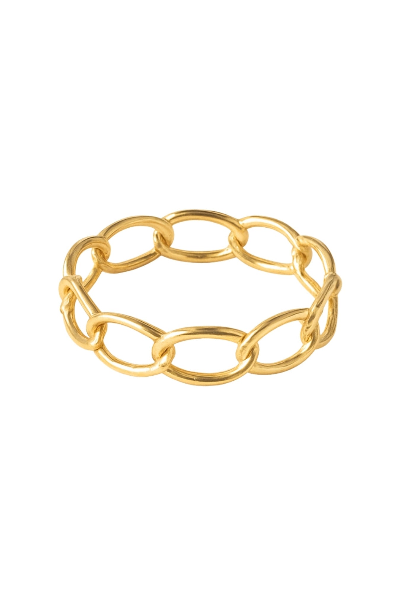 Styled product photo of The Emma Ring on a models hand, showing proportion and reflective 18K gold-plated surface in natural light.