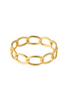 Styled product photo of The Emma Ring on a models hand, showing proportion and reflective 18K gold-plated surface in natural light.