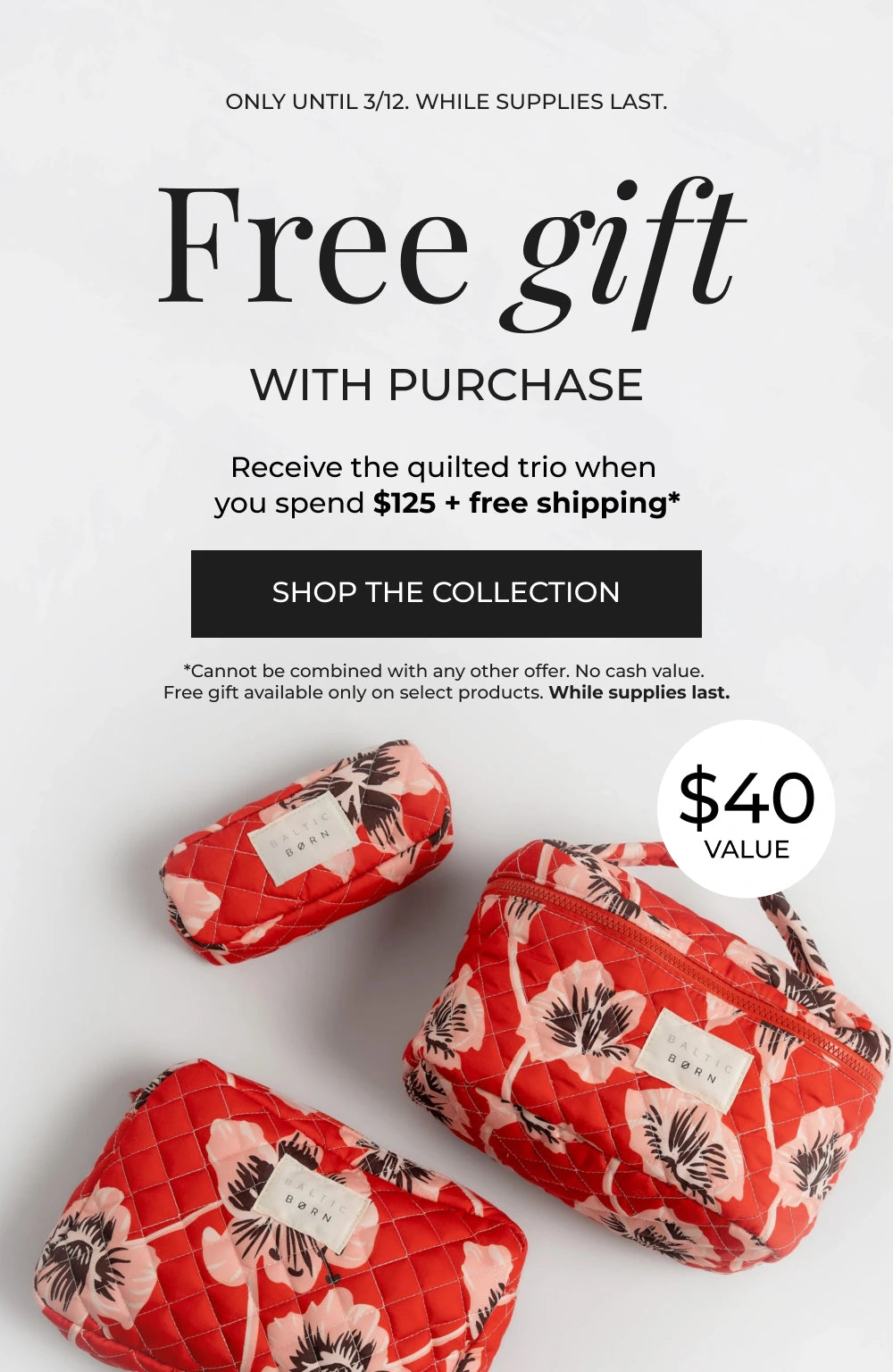 Promotional flyer for free gift with purchase offer on quilted bags.