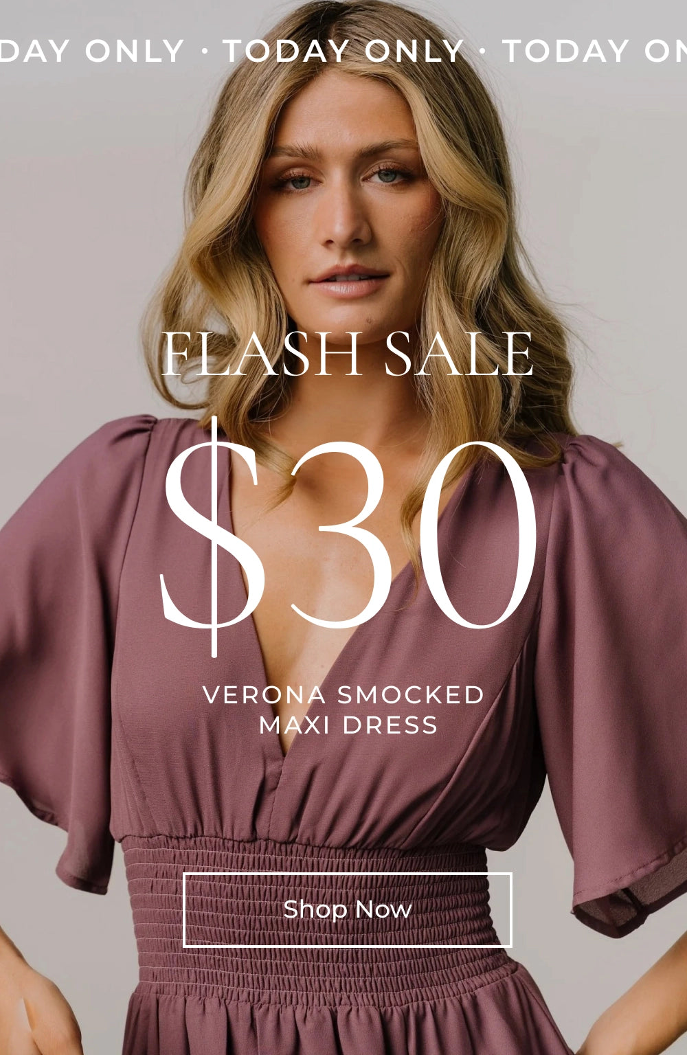 Woman wearing a purple smocked maxi dress with promotional text for a flash sale.