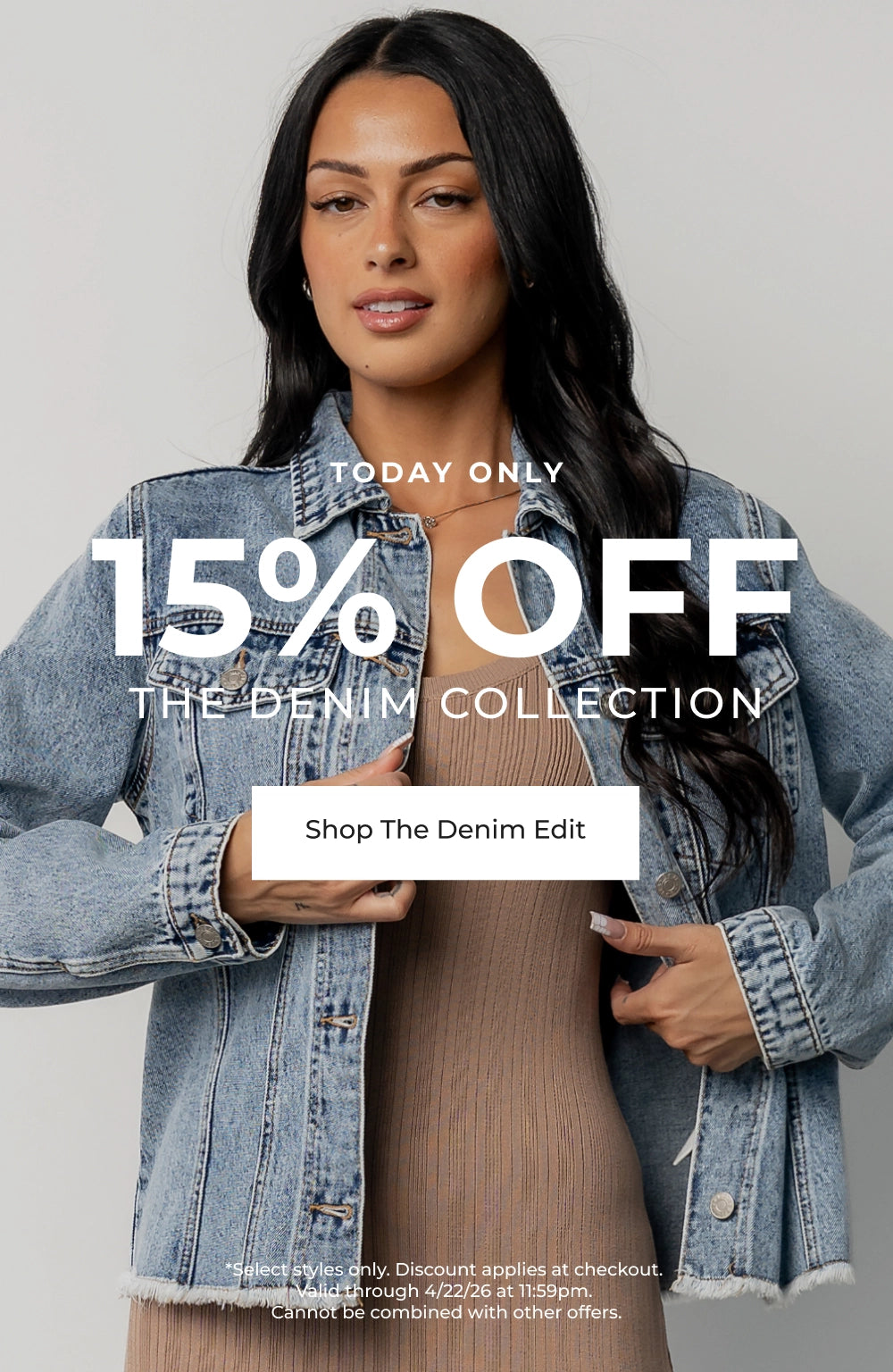 Woman wearing a denim jacket with promotional text overlay on a gray background