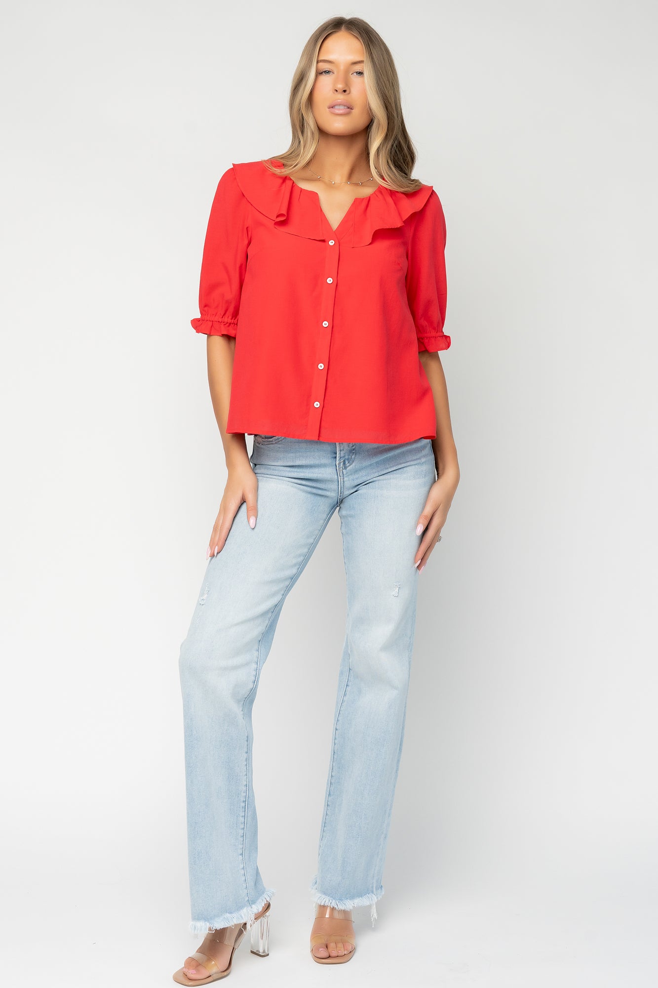 Back view of the red Daisy Ruffle Button Up Top showing the gently gathered yoke and relaxed fit through the body for an easy silhouette.