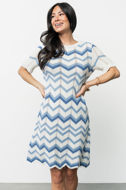 Mijas Crochet Dress | Blue + Off White