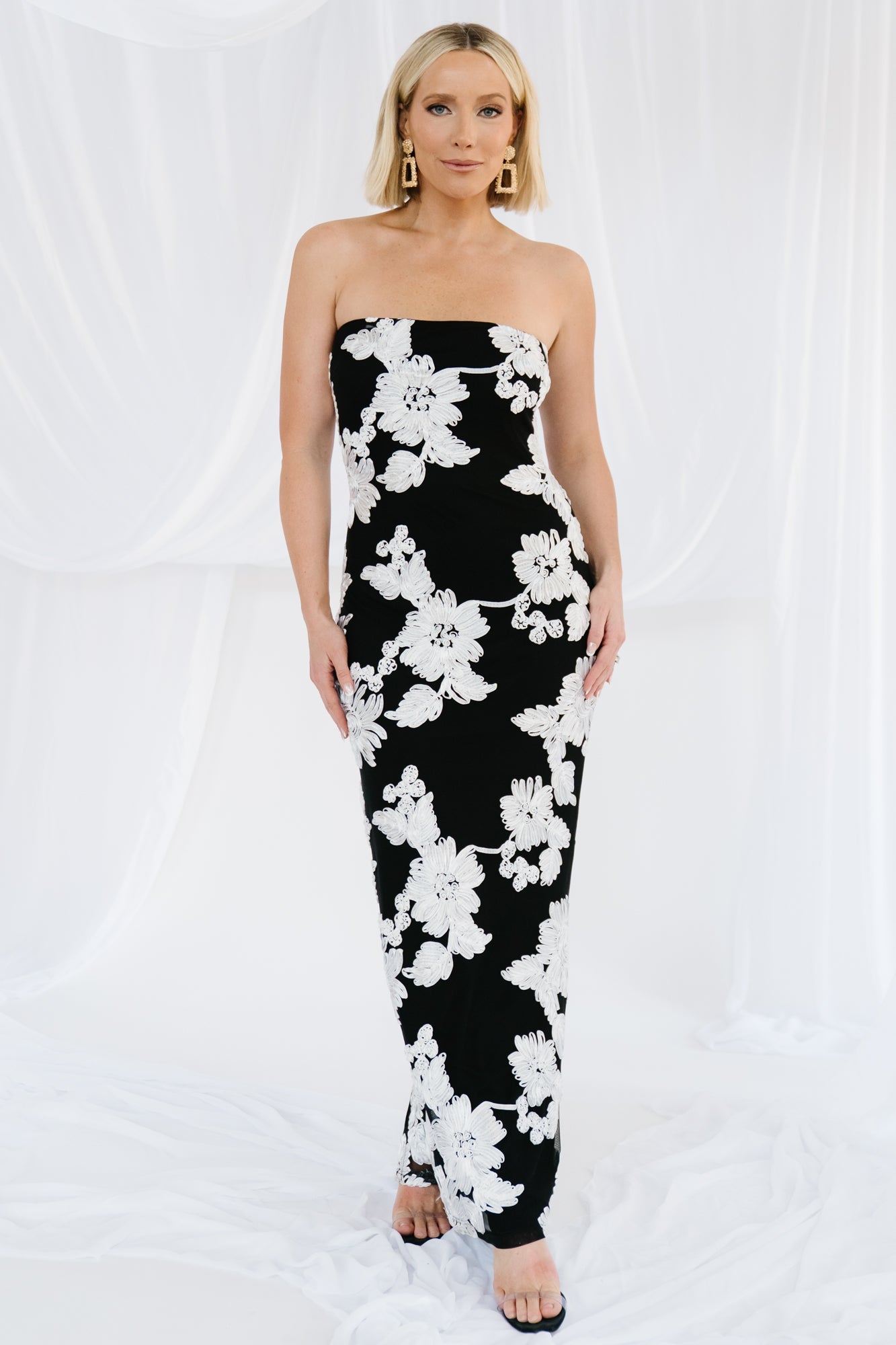 Baltic Born Womens Chantelle Strapless Maxi Dress | Black + White Floral