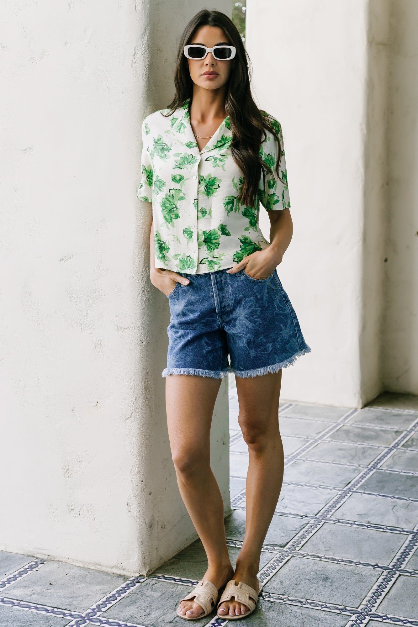 Mar Button Up Top | Green Floral
