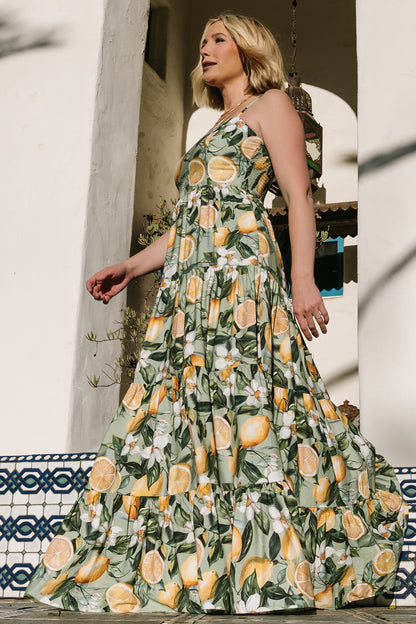Silvia Tiered Maxi Dress | Sage Lemon Print