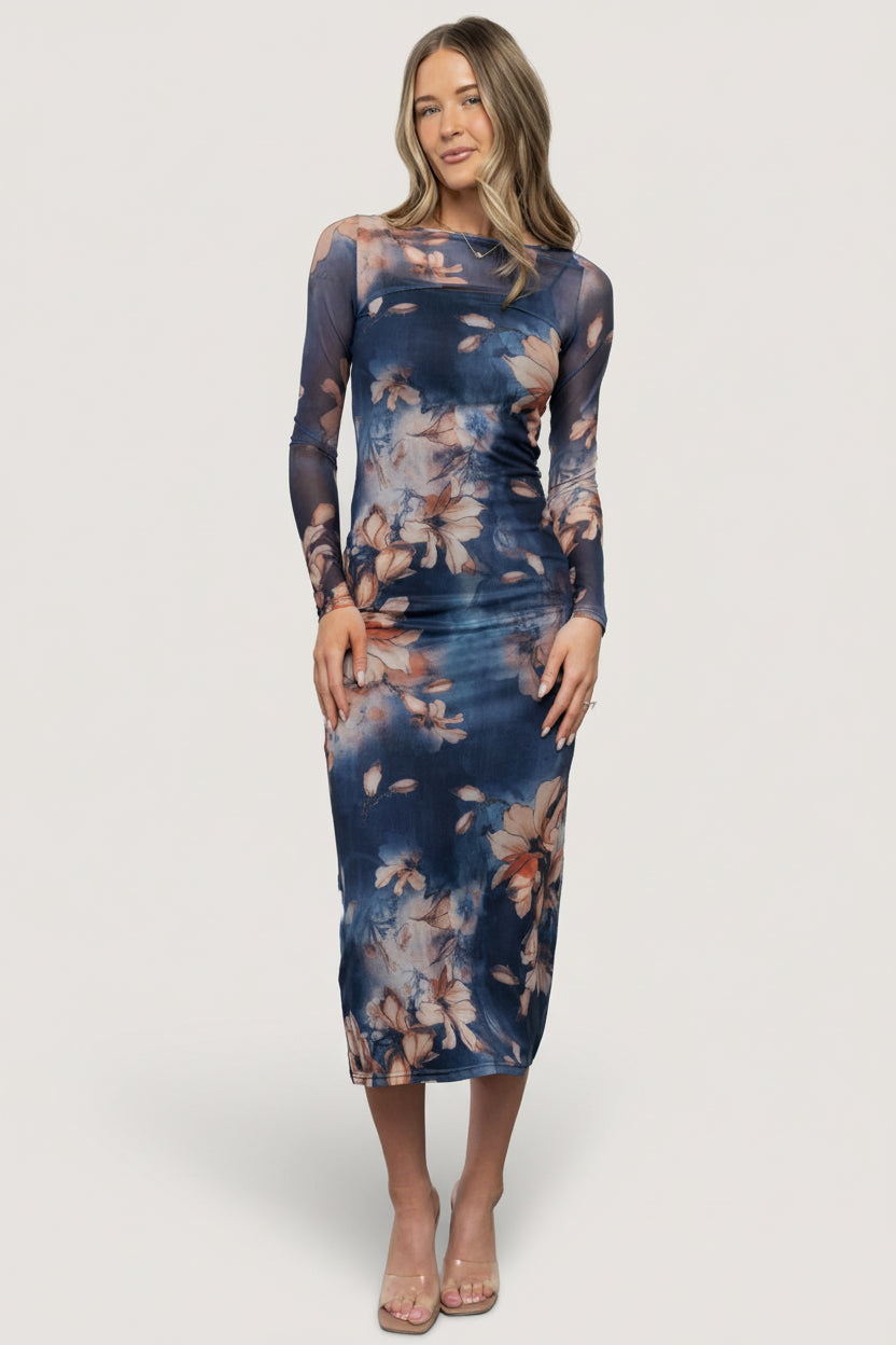 Front view of the Darya Mesh Midi Dress in navy floral showing sheer long sleeves, round neckline, and included ribbed slip underneath for coverage and shape