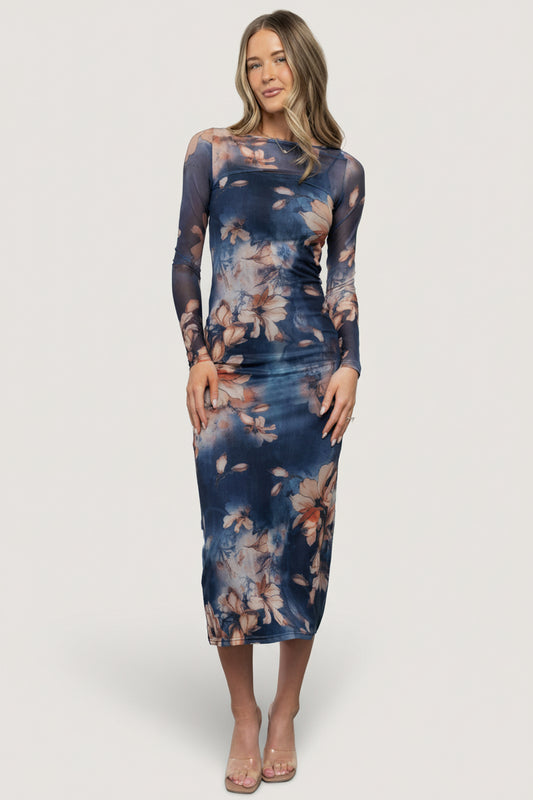Darya Mesh Midi Dress | Navy Floral