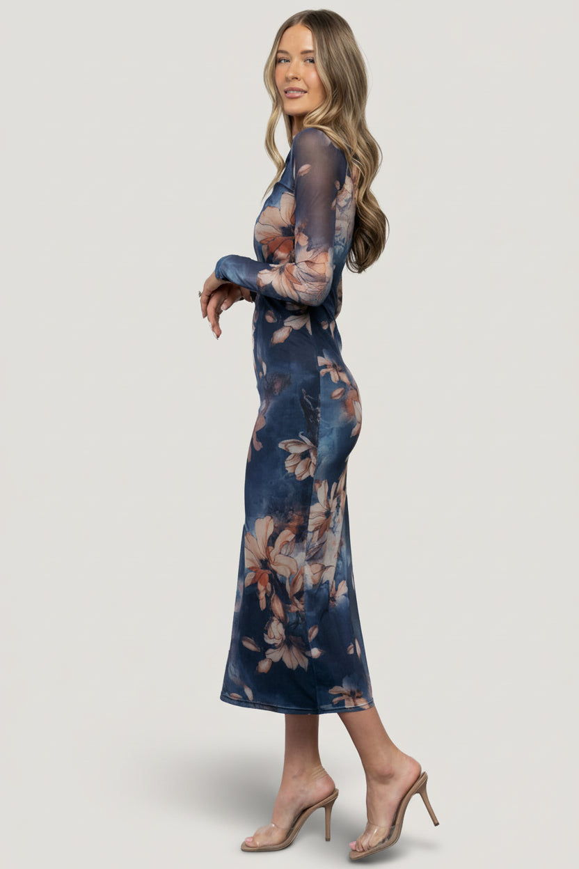 Darya Mesh Midi Dress | Navy Floral