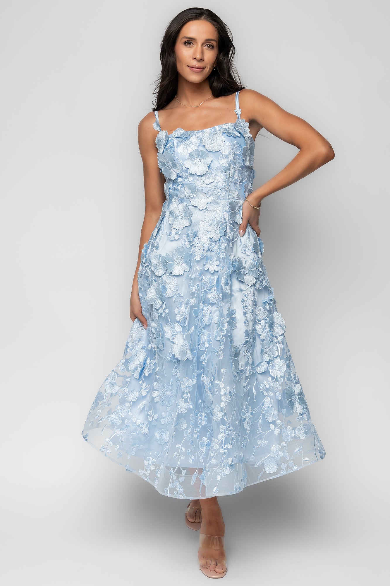 Soleil Floral Applique Midi Dress, Light Blue