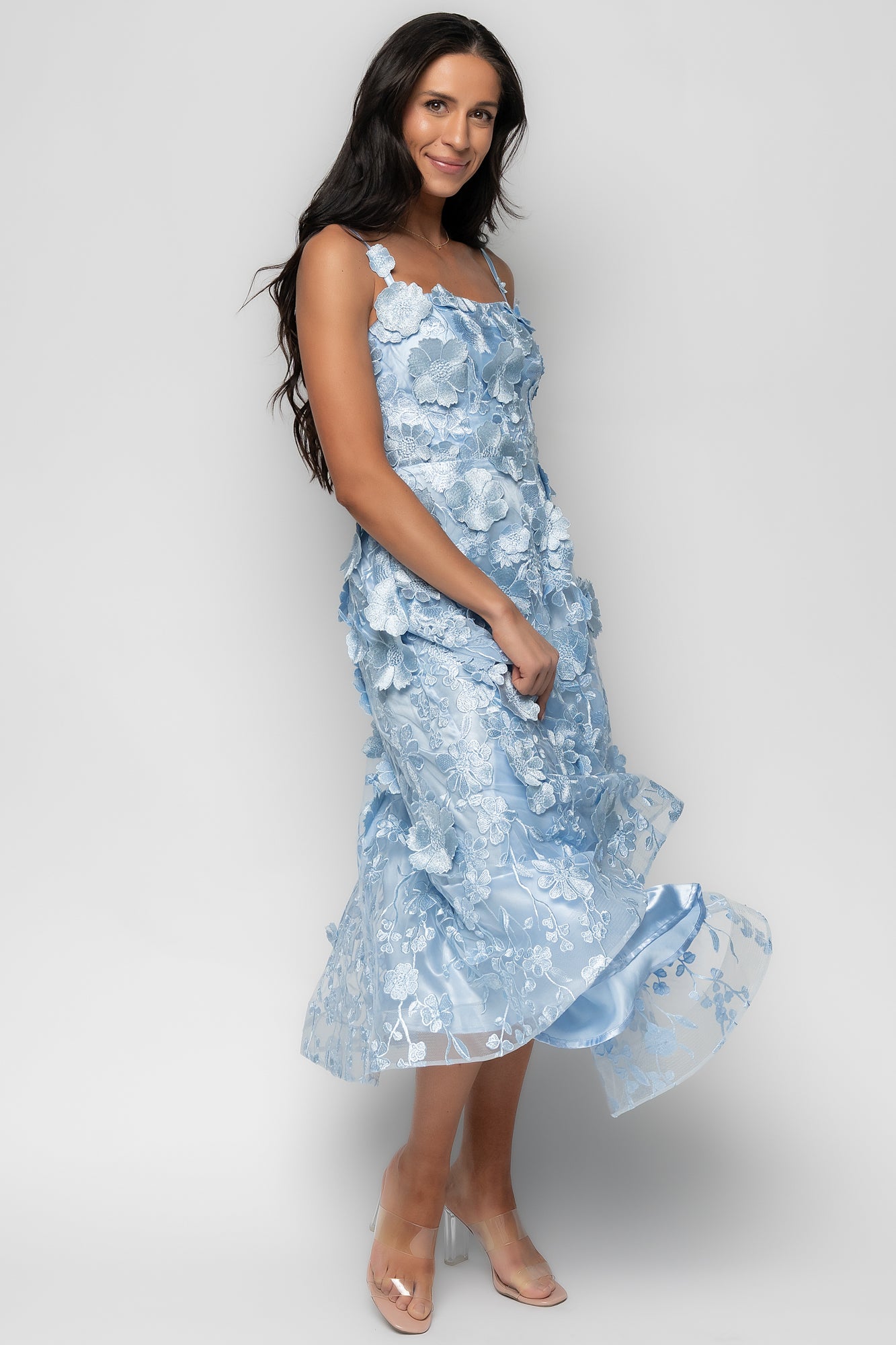 Soleil Floral Applique Midi Dress | Light Blue