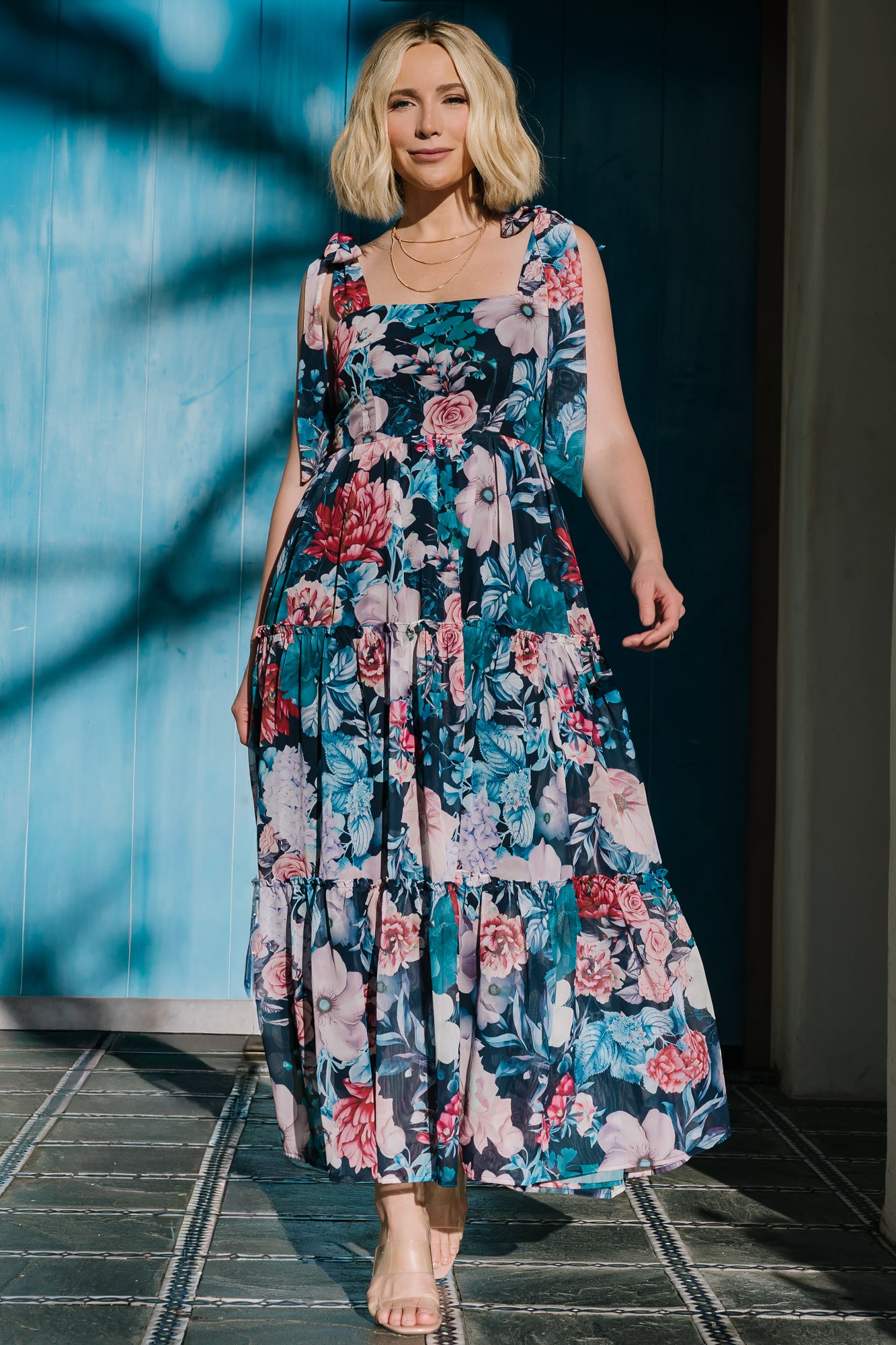 Back detail of Anita Maxi Dress showing smocked back panel and adjustable self-tie straps for added stretch and fit customization.