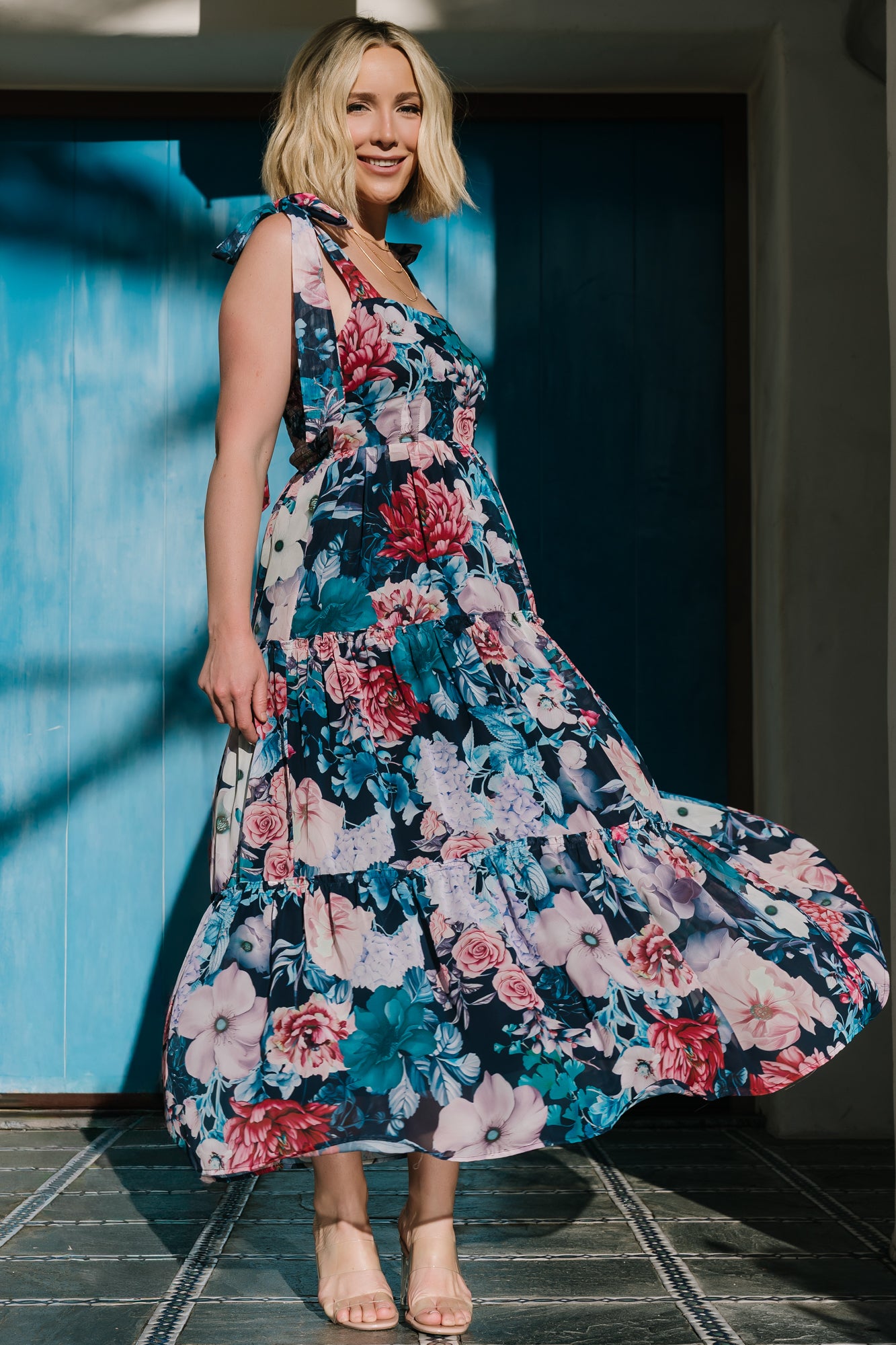 fitted lace wedding dress Donna Morgan Women's Printed Straight Neck Maxi Dress - Multi - Size S main image 1