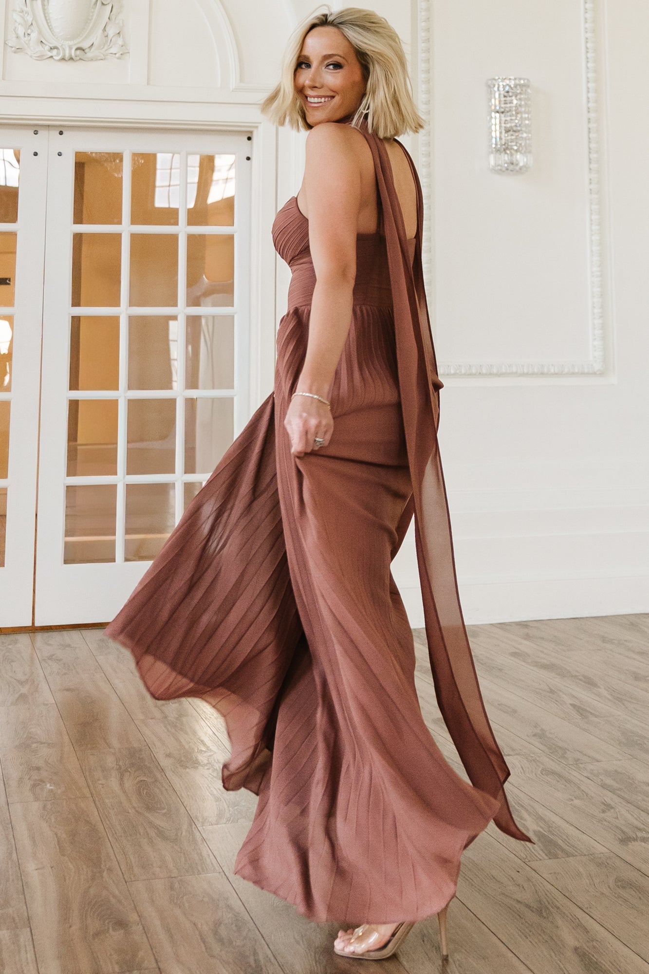Baltic Born Womens Georgina Pleated Maxi Dress | Rosy Brown | Size: Medium Baltic Born Womens Georgina Pleated Maxi Dress | Rosy Brown | Size: Medium