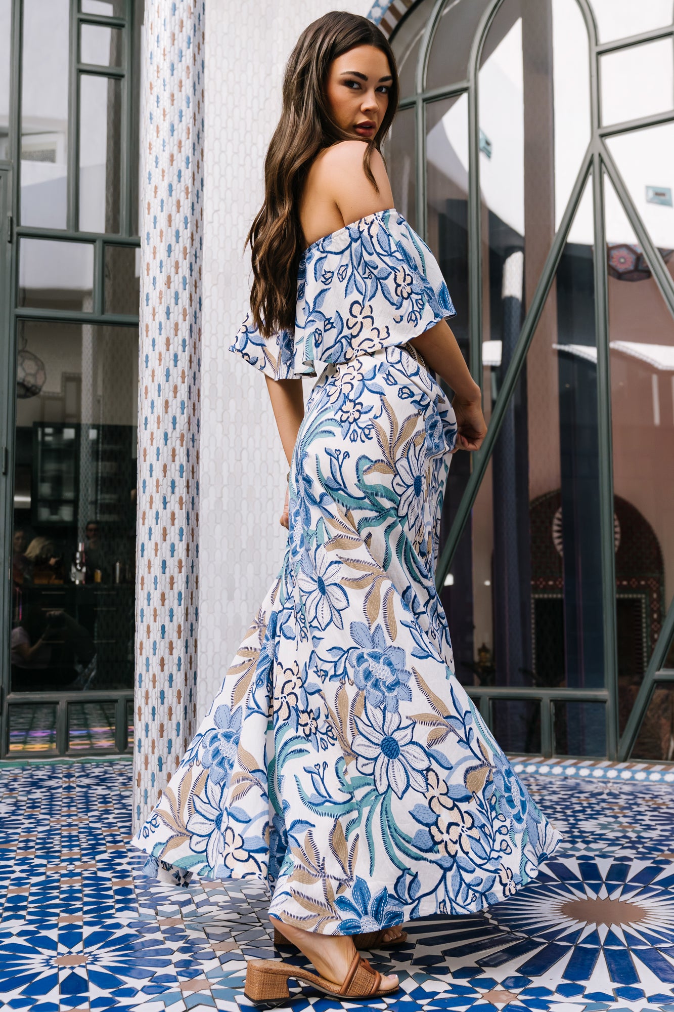 Valentina Off Shoulder Maxi Dress | Cream + Blue Multi
