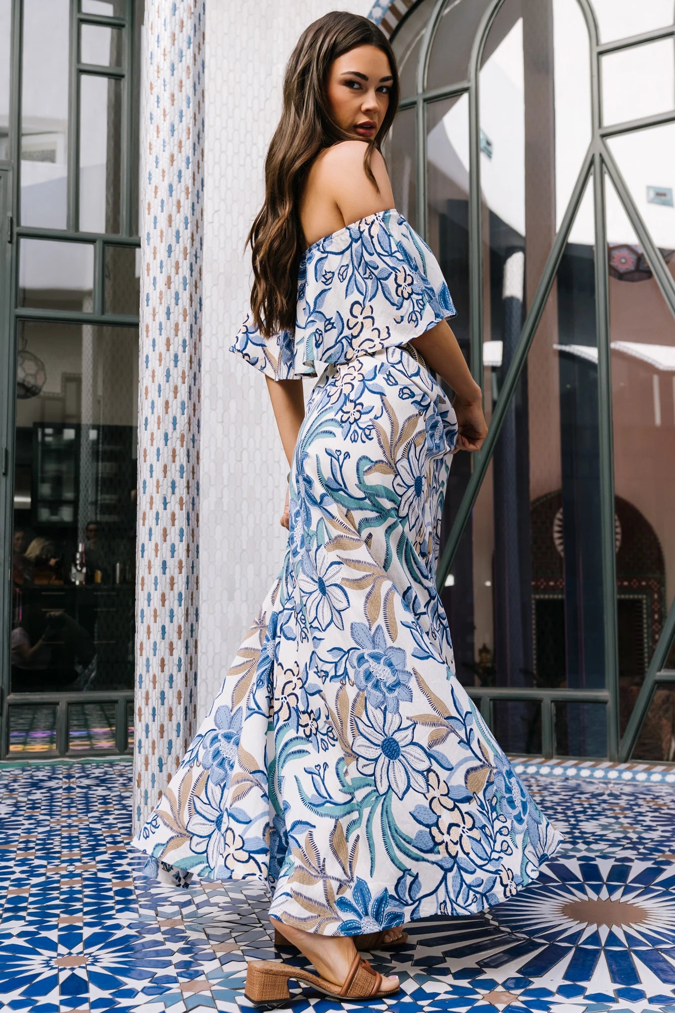 Baltic Born Womens Valentina Off Shoulder Maxi Dress | Cream + Blue Multi