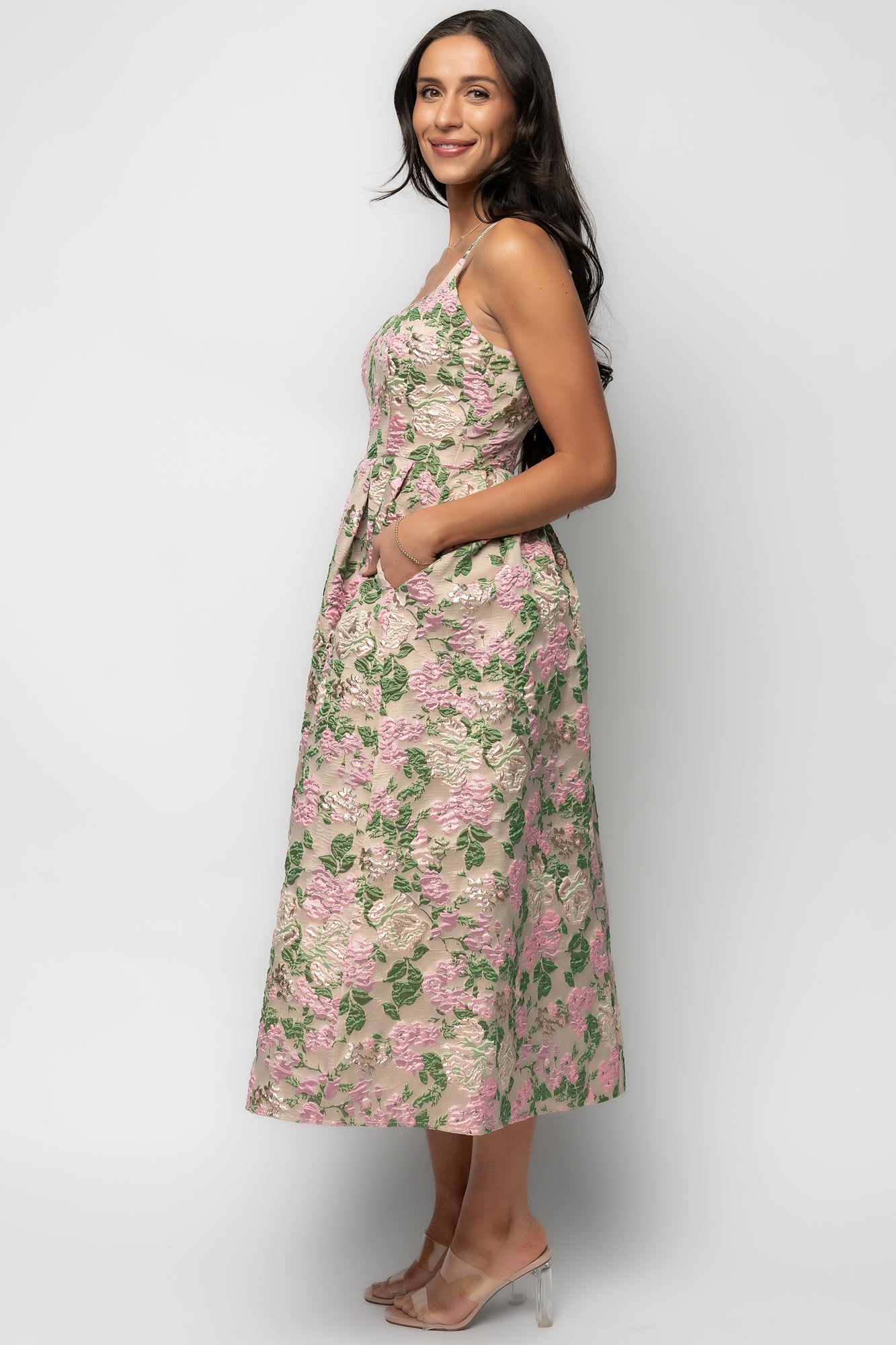 Antoinette Embossed Midi Dress | Champagne Multi Floral