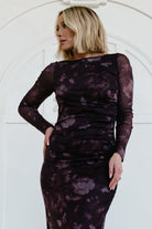 Back view of Isadora Maxi Dress in deep plum, showing full-length mesh, fitted silhouette and smooth lined interior for coverage.