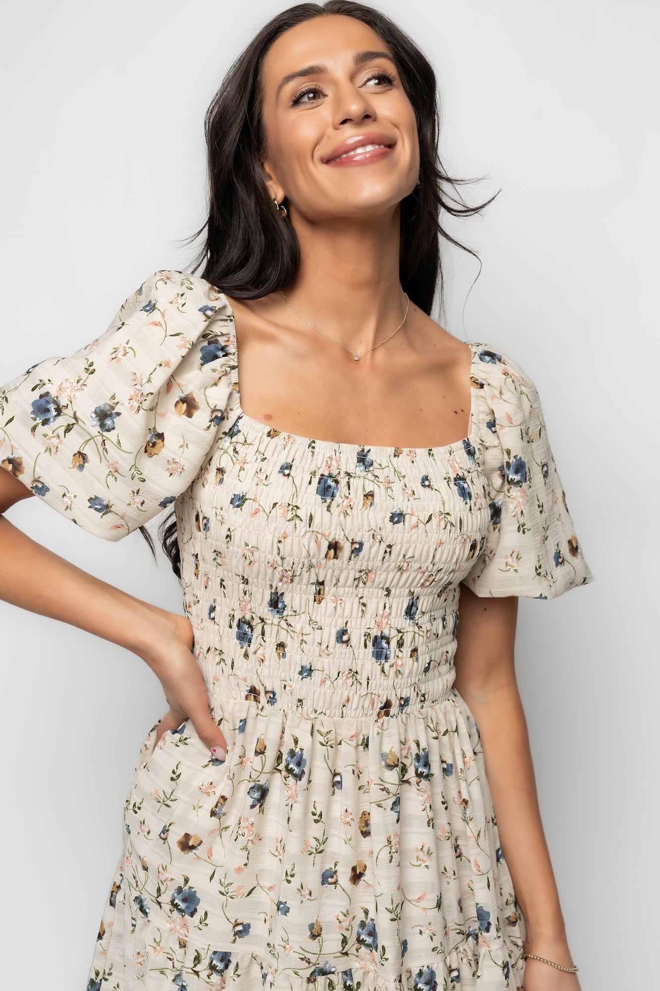 Mattea Smocked Midi Dress | Beige Floral
