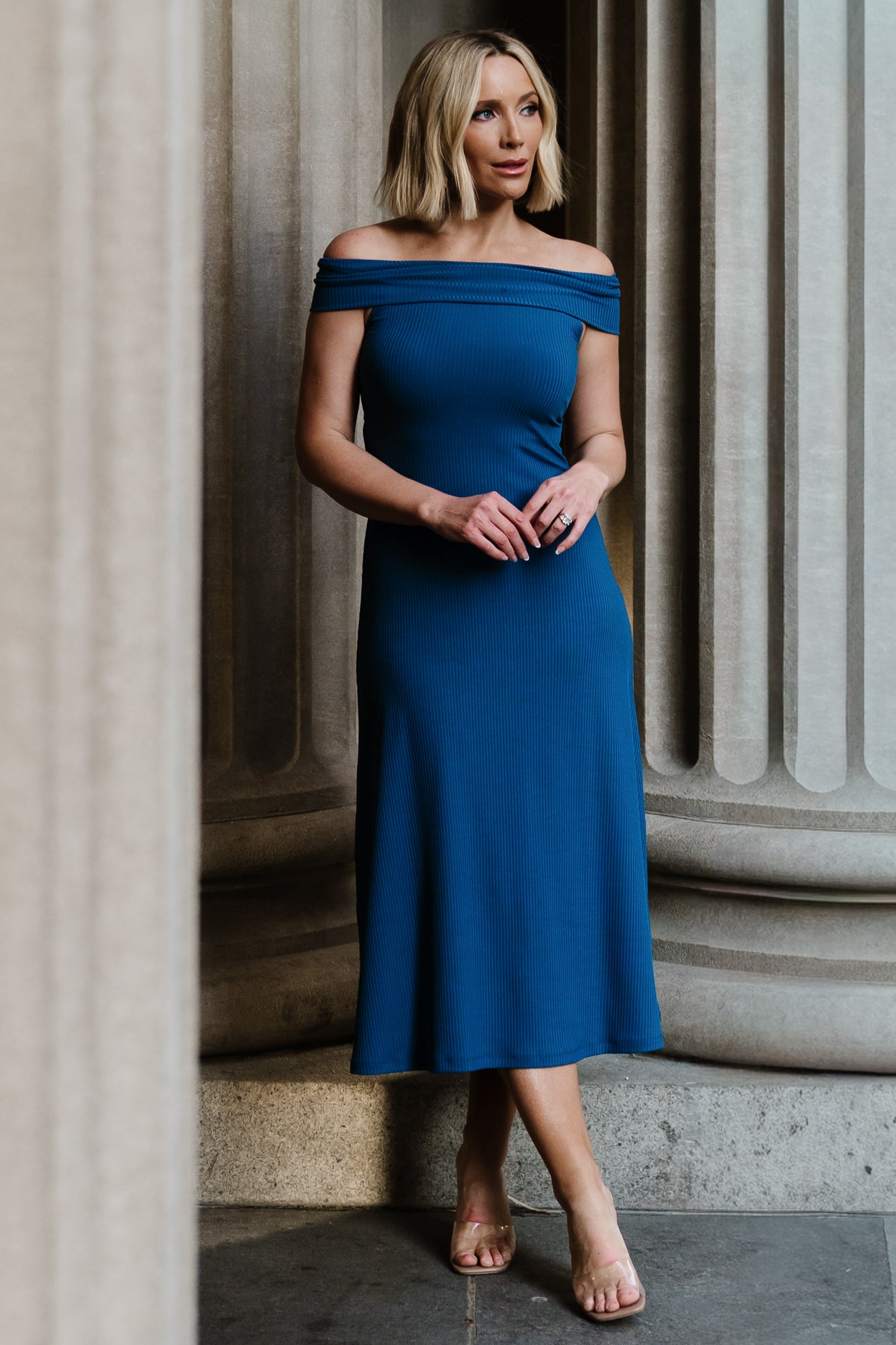 Kay Off-Shoulder Ribbed Midi Dress Navy | Baltic Born L Kay Off-Shoulder Ribbed Midi Dress Navy | Baltic Born L