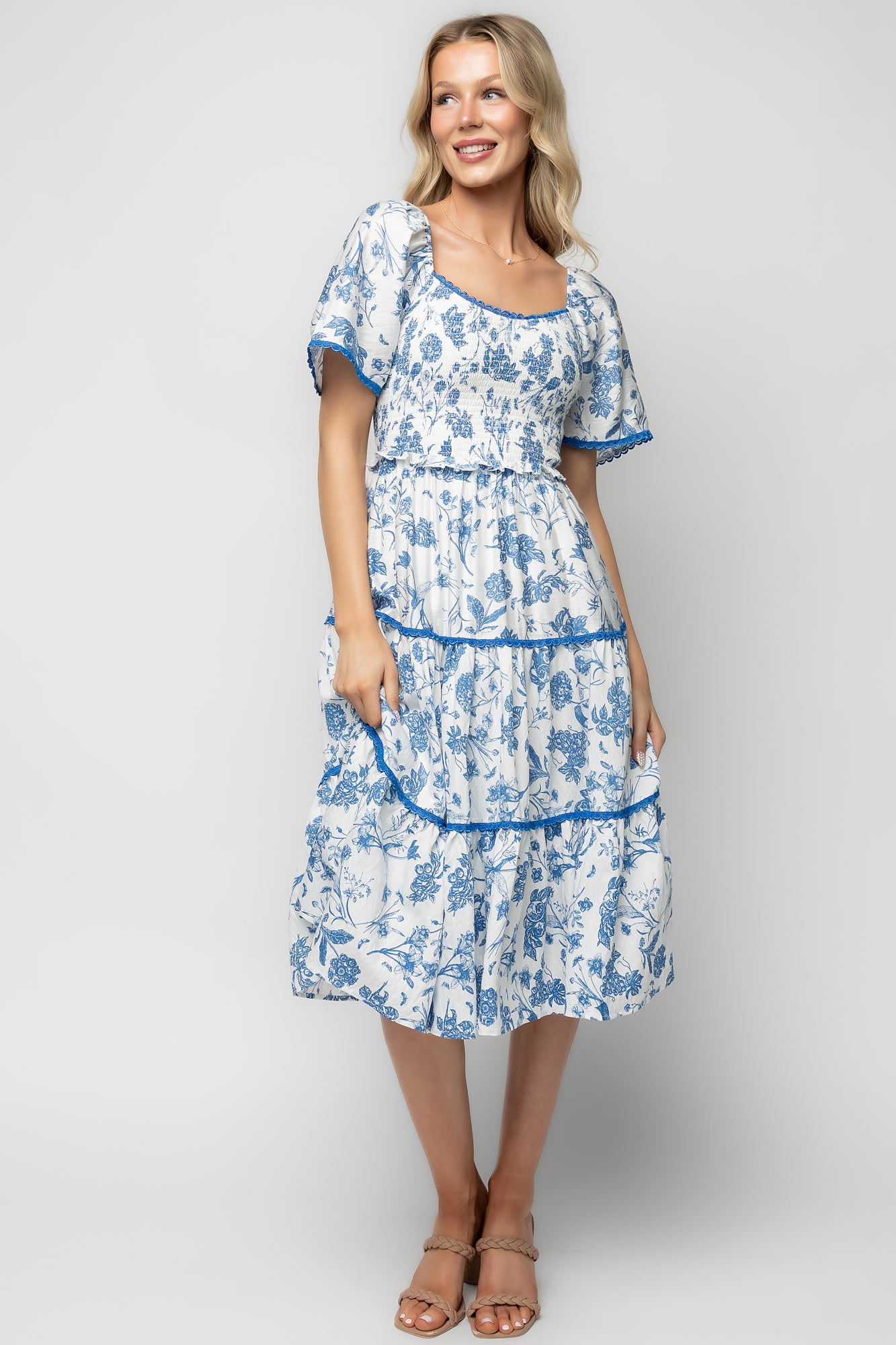 Baltic Born Womens Freya Tiered Midi Dress | White + Blue