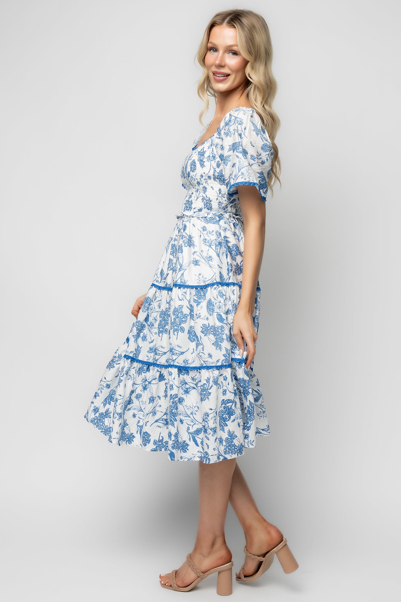 Baltic Born Womens Freya Tiered Midi Dress | White + Blue